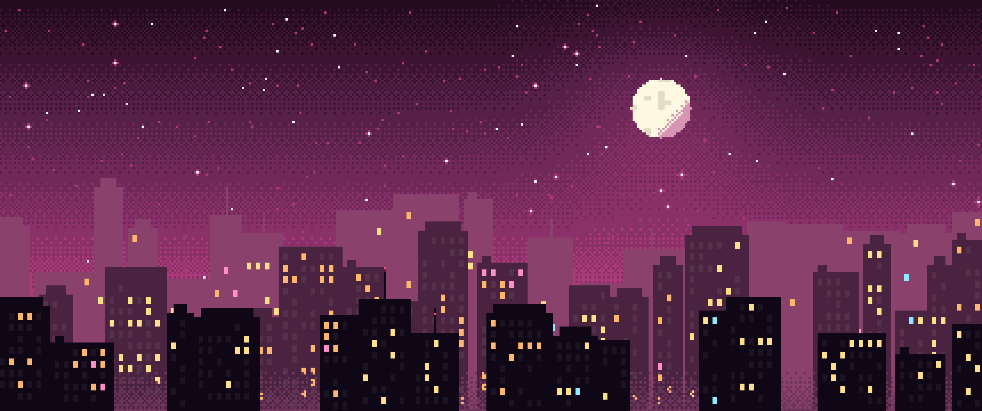 Hot Pink Pixel Art City ultrawide wallpaper, 3440 × 1440