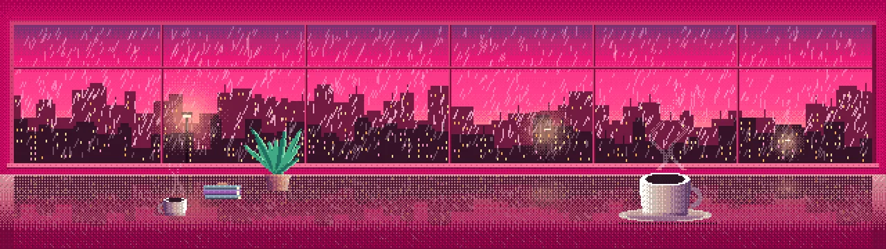 Hot Pink Pixel Art Coffee by a Rainy Window dual monitor wallpaper, 7680 × 2160