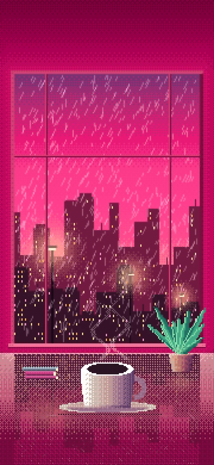 Hot Pink Pixel Art Coffee by a Rainy Window wallpaper for iPhone and Android
