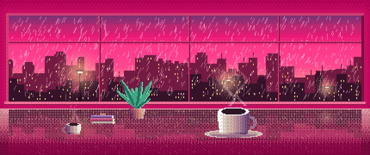 Hot Pink Pixel Art Coffee by a Rainy Window ultrawide wallpaper, 3440 × 1440