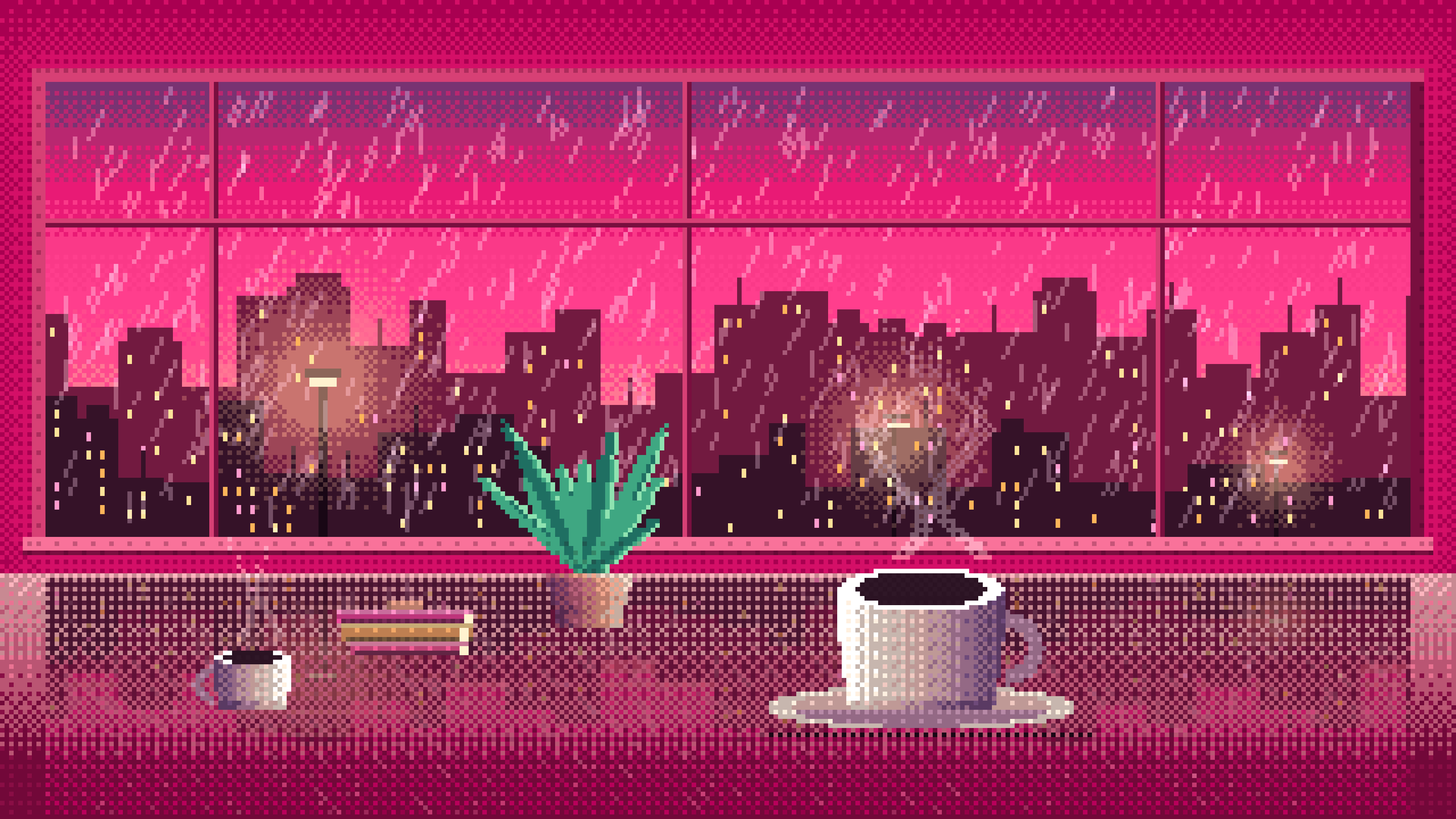Hot Pink Pixel Art Coffee by a Rainy Window desktop wallpaper in 4K