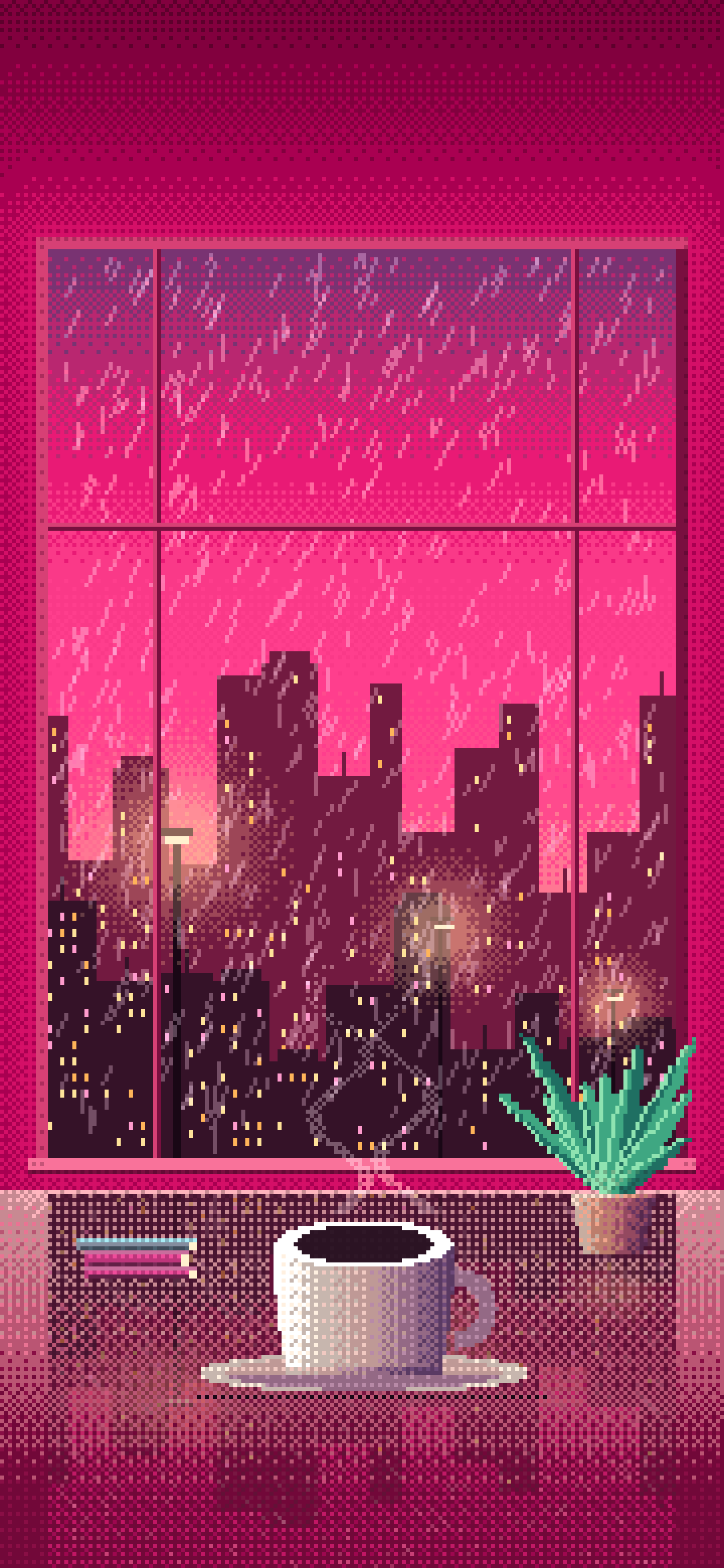 Hot Pink Pixel Art Coffee by a Rainy Window wallpaper for iPhone and Android