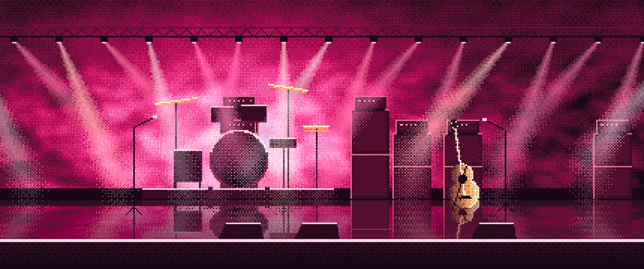 Hot Pink Pixel Art Concert Stage ultrawide wallpaper, 3440 × 1440