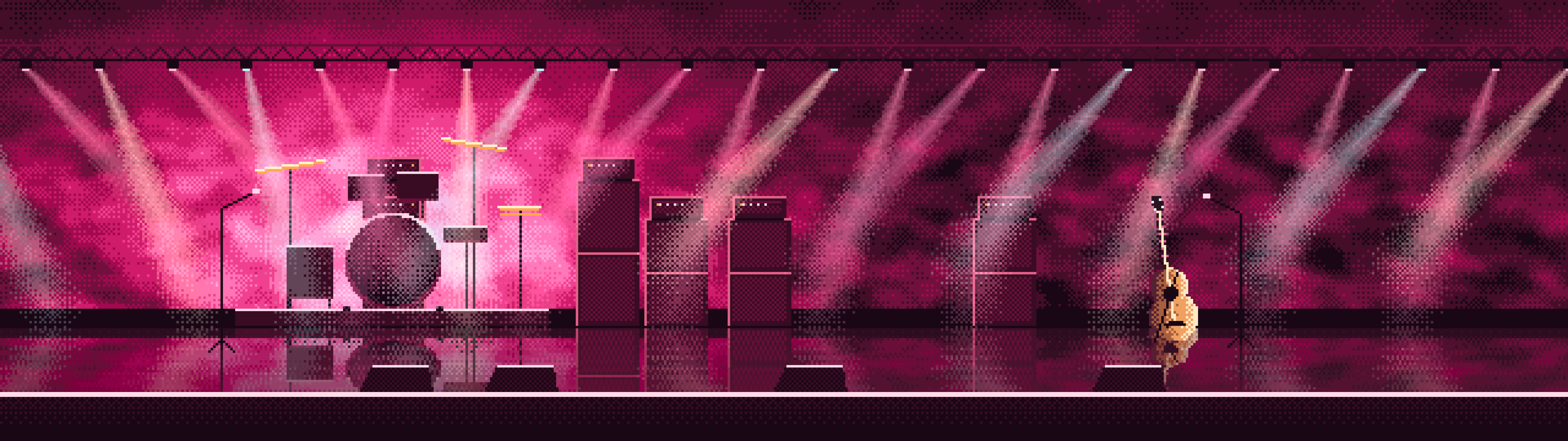 Hot Pink Pixel Art Concert Stage dual monitor wallpaper, 7680 × 2160