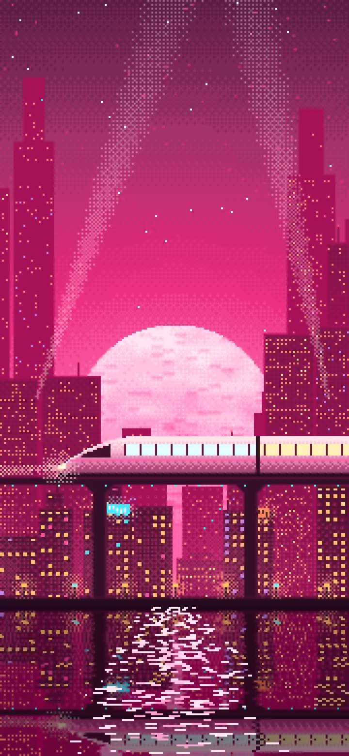 Hot Pink Pixel Art Cyberpunk Monorail and Moon wallpaper for iPhone and Android