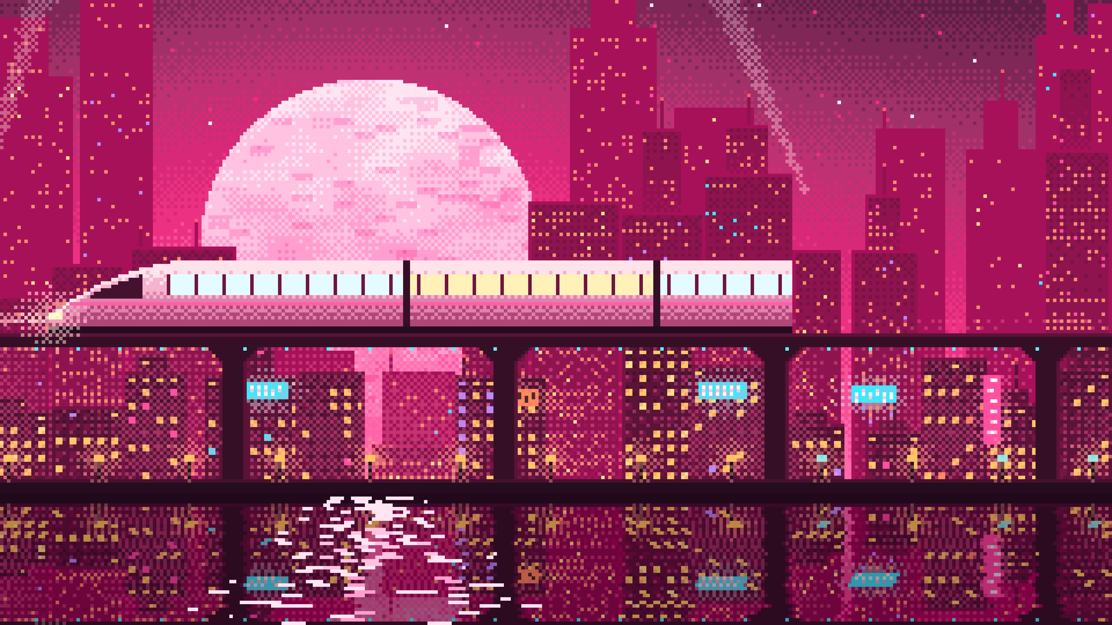 Hot Pink Pixel Art Cyberpunk Monorail and Moon desktop wallpaper in 4K
