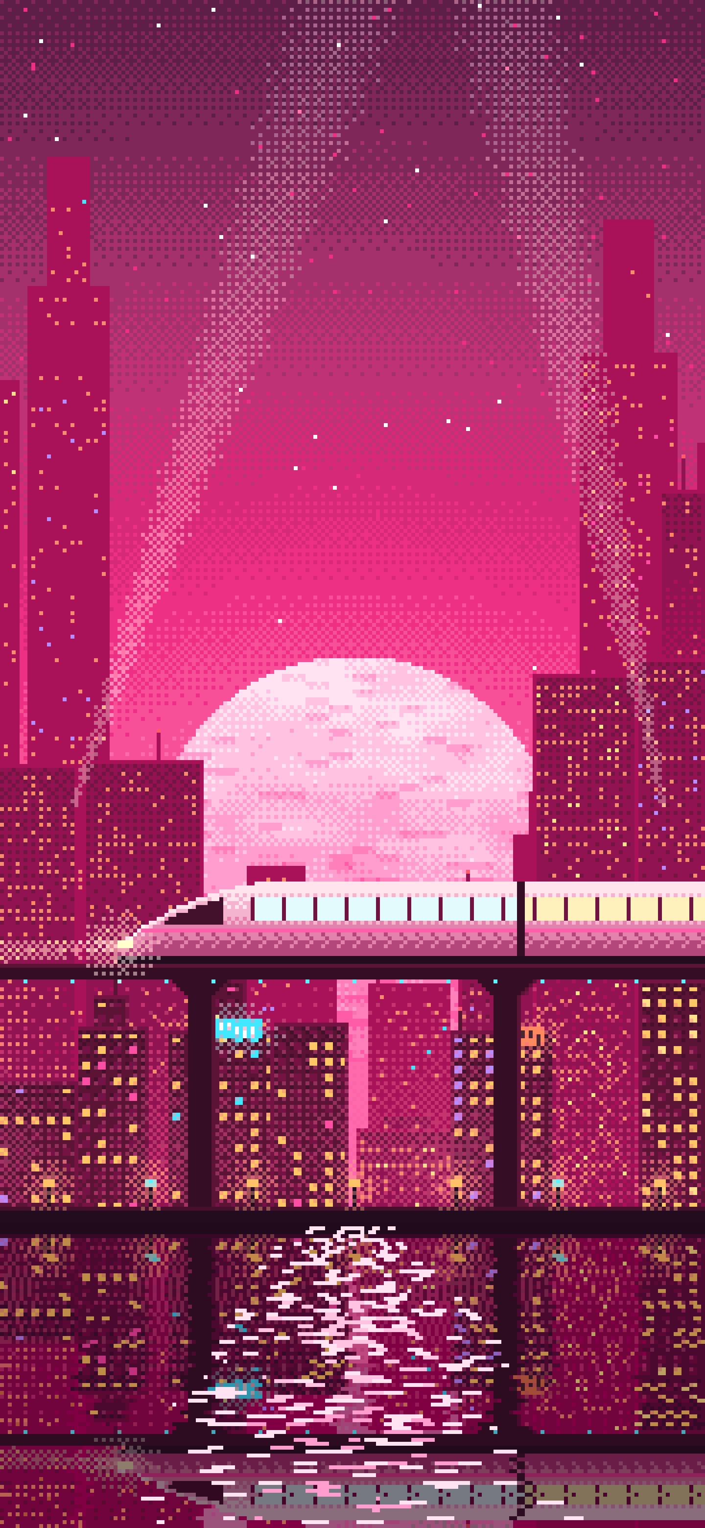 Hot Pink Pixel Art Cyberpunk Monorail and Moon wallpaper for iPhone and Android