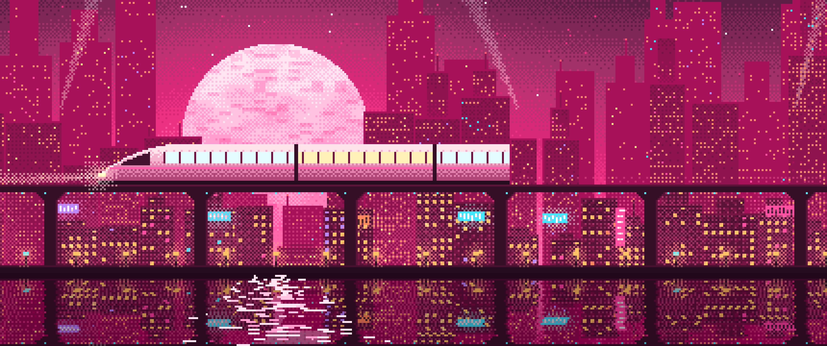 Hot Pink Pixel Art Cyberpunk Monorail and Moon ultrawide wallpaper, 3440 × 1440