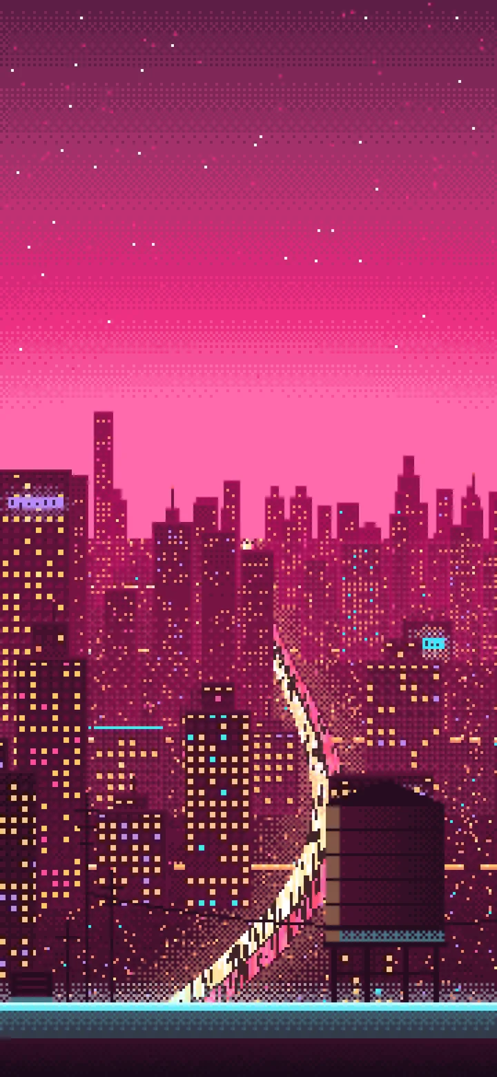 Hot Pink Pixel Art Cyberpunk Rooftop City View wallpaper for iPhone and Android
