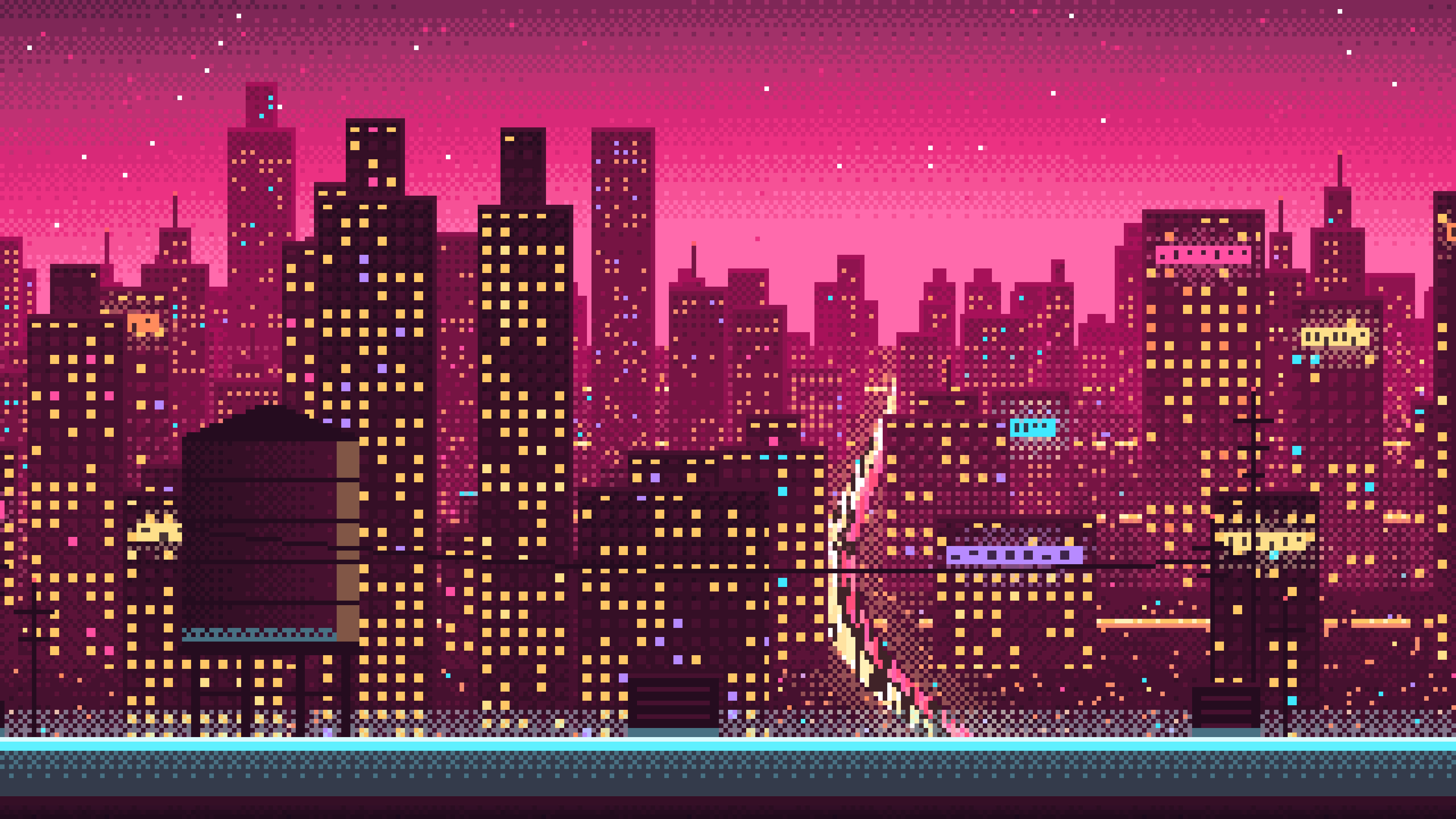 Hot Pink Pixel Art Cyberpunk Rooftop City View desktop wallpaper in 4K