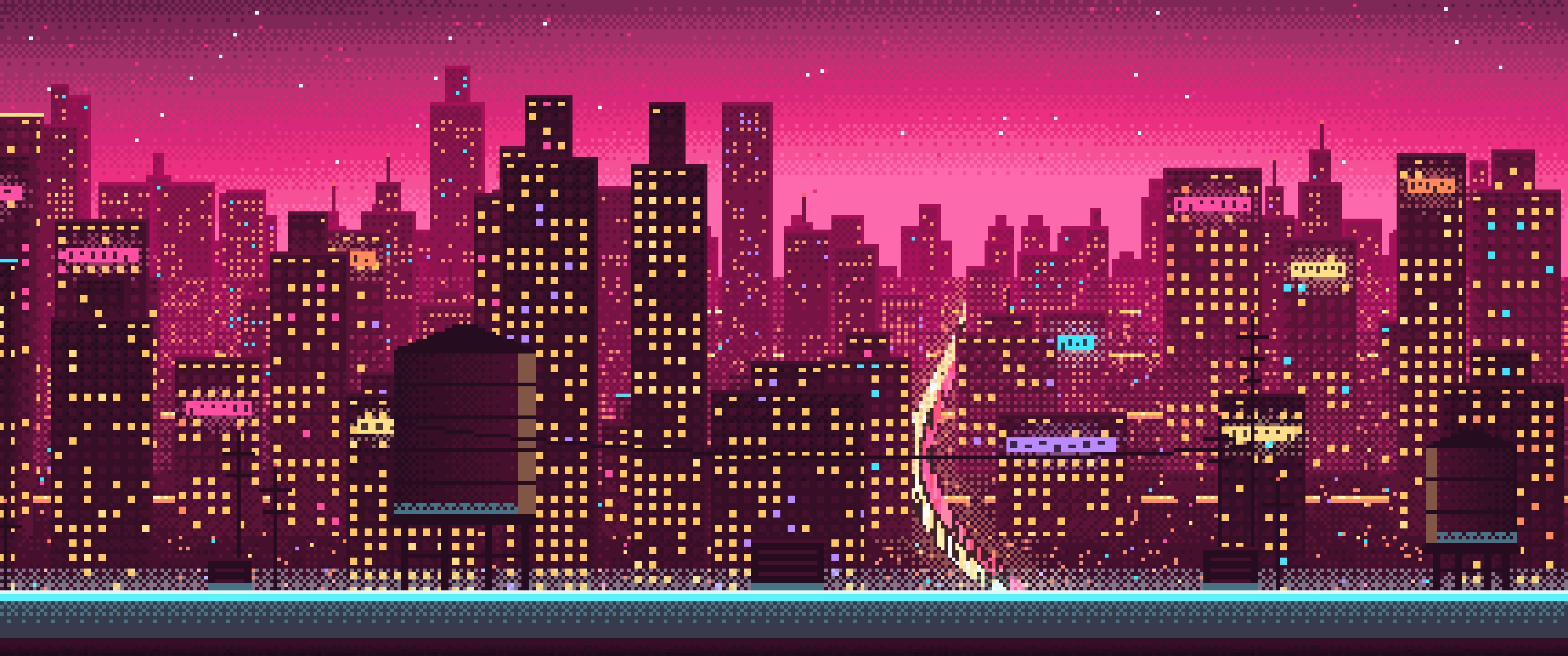 Hot Pink Pixel Art Cyberpunk Rooftop City View ultrawide wallpaper, 3440 × 1440