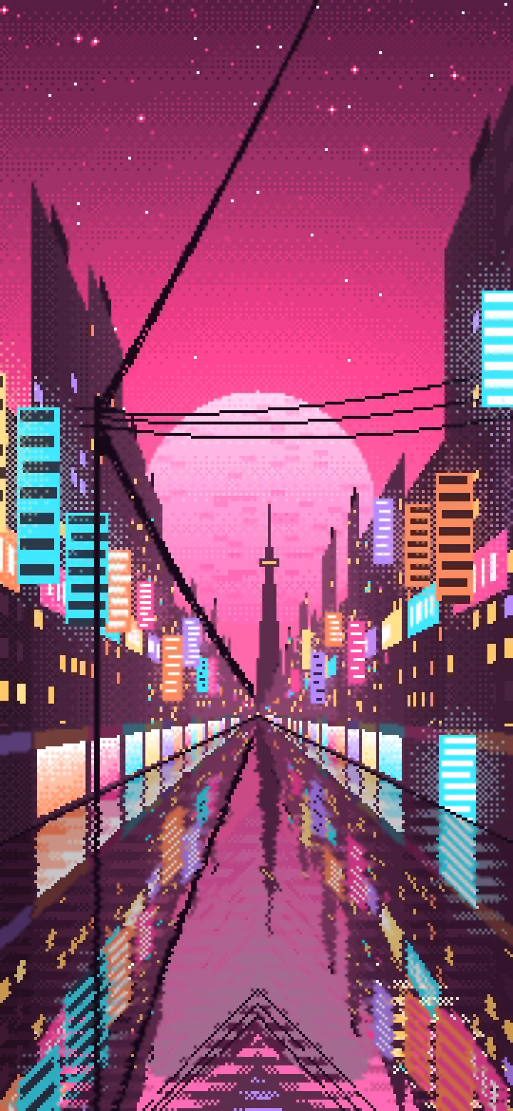 Hot Pink Pixel Art Japanese City Street wallpaper for iPhone and Android