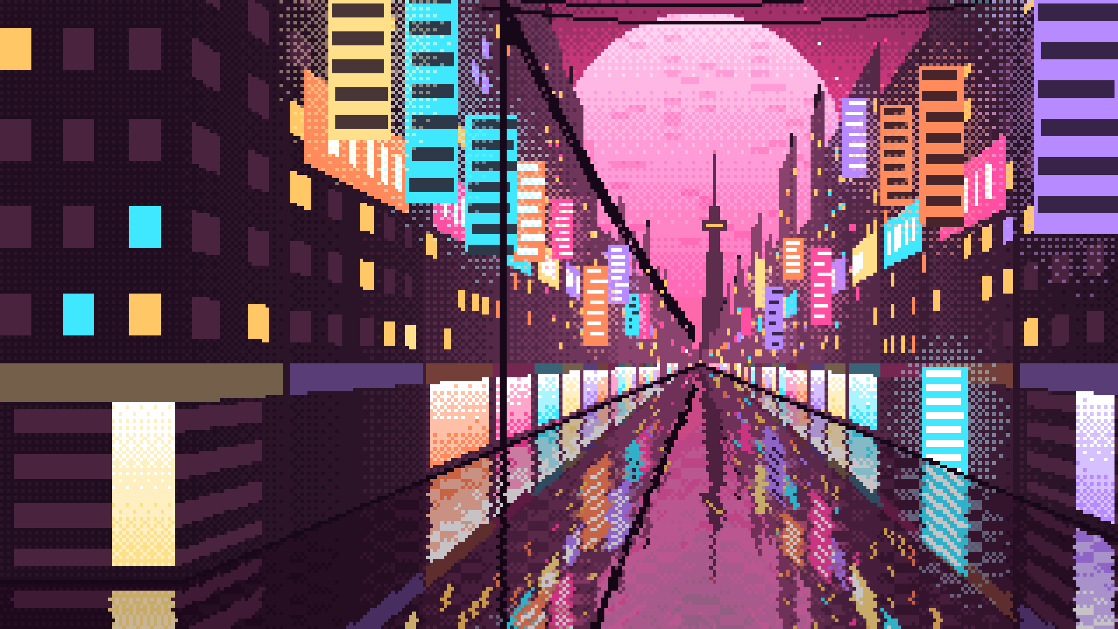 Hot Pink Pixel Art Japanese City Street desktop wallpaper in 4K