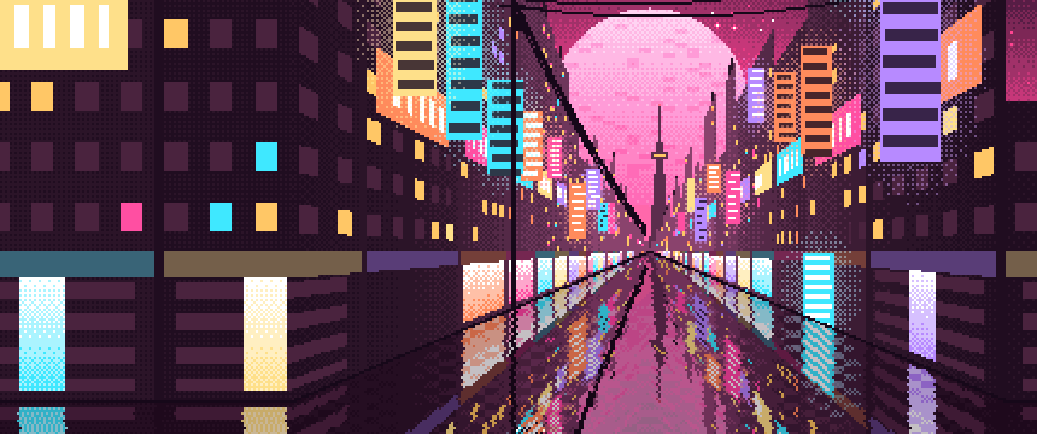 Hot Pink Pixel Art Japanese City Street ultrawide wallpaper, 3440 × 1440