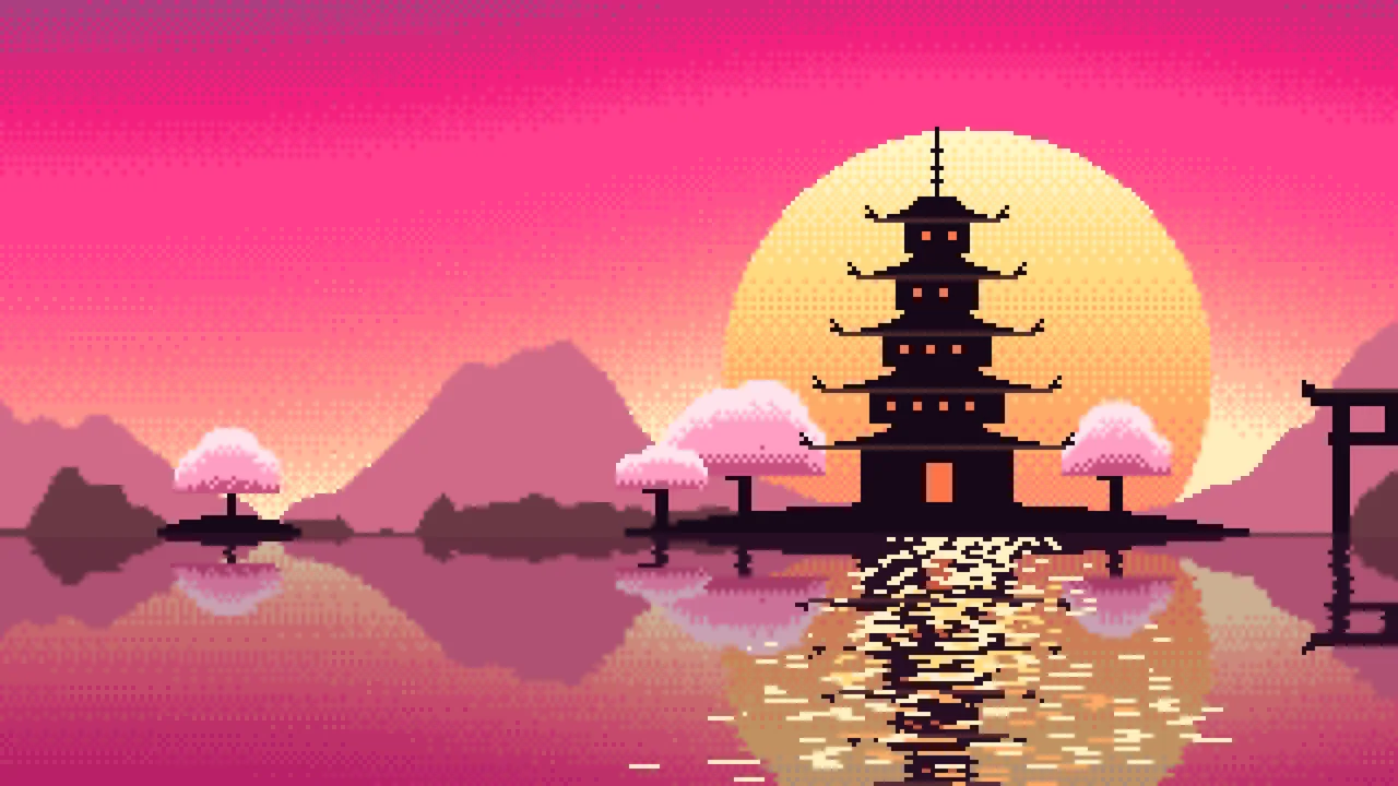 Hot Pink Pixel Art Japanese Temple desktop wallpaper in 4K