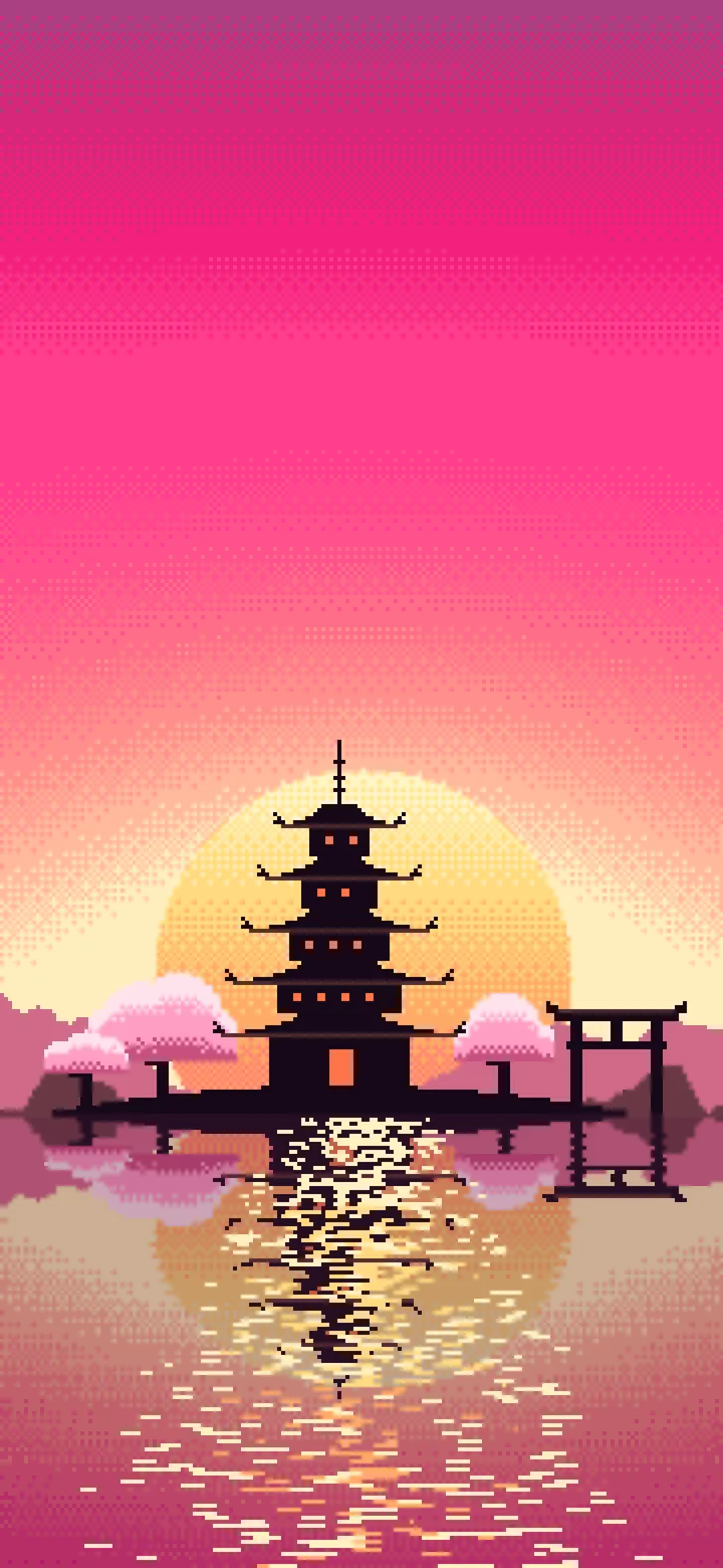 Hot Pink Pixel Art Japanese Temple wallpaper for iPhone and Android