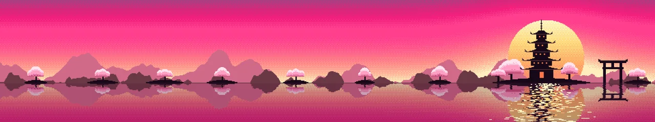 Hot Pink Pixel Art Japanese Temple triple monitor wallpaper, 7680 × 1440