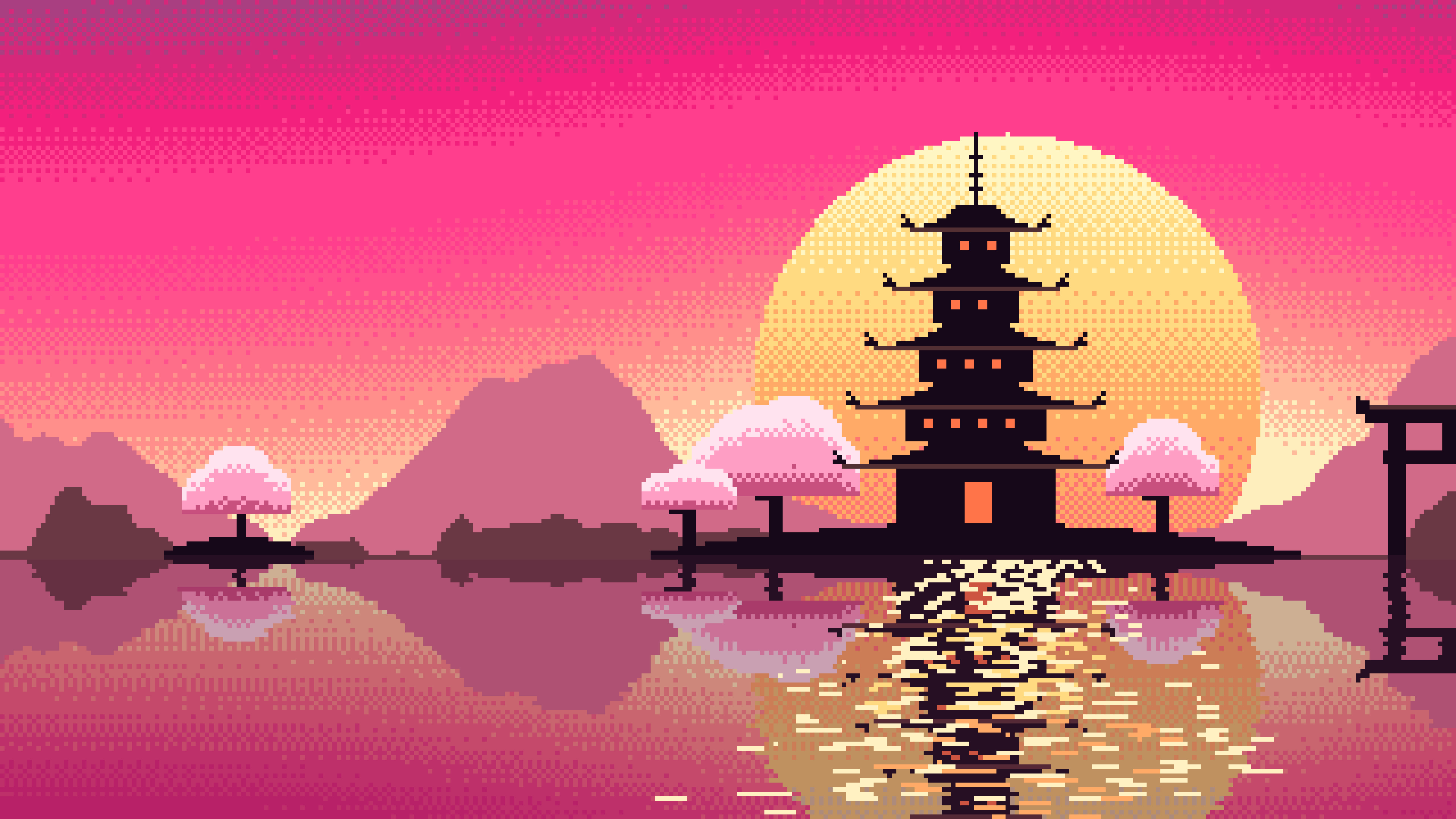 Hot Pink Pixel Art Japanese Temple desktop wallpaper in 4K