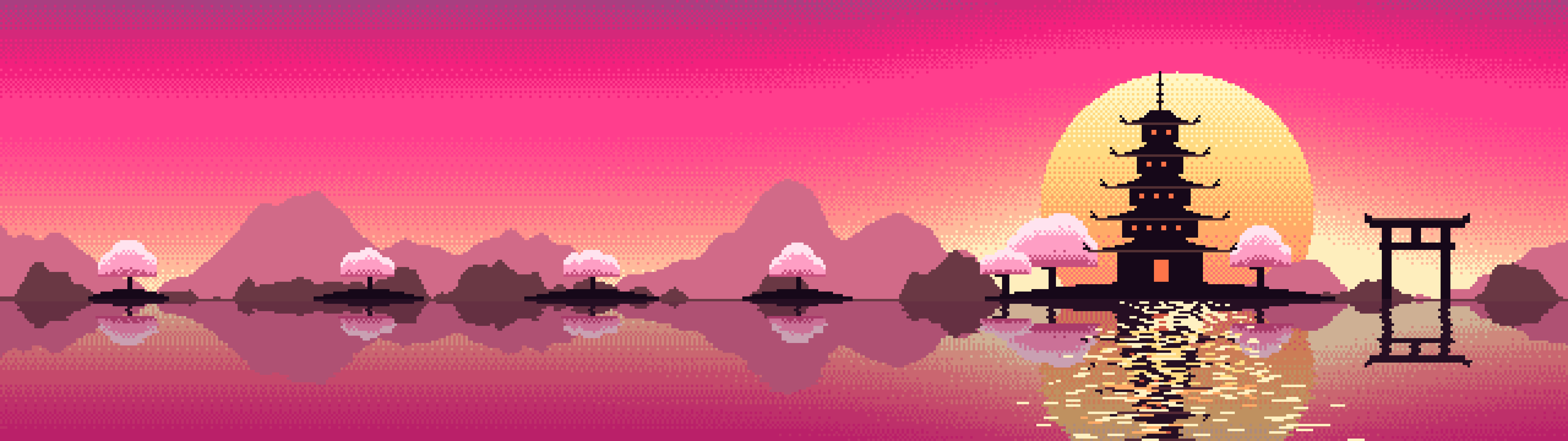 Hot Pink Pixel Art Japanese Temple dual monitor wallpaper, 7680 × 2160