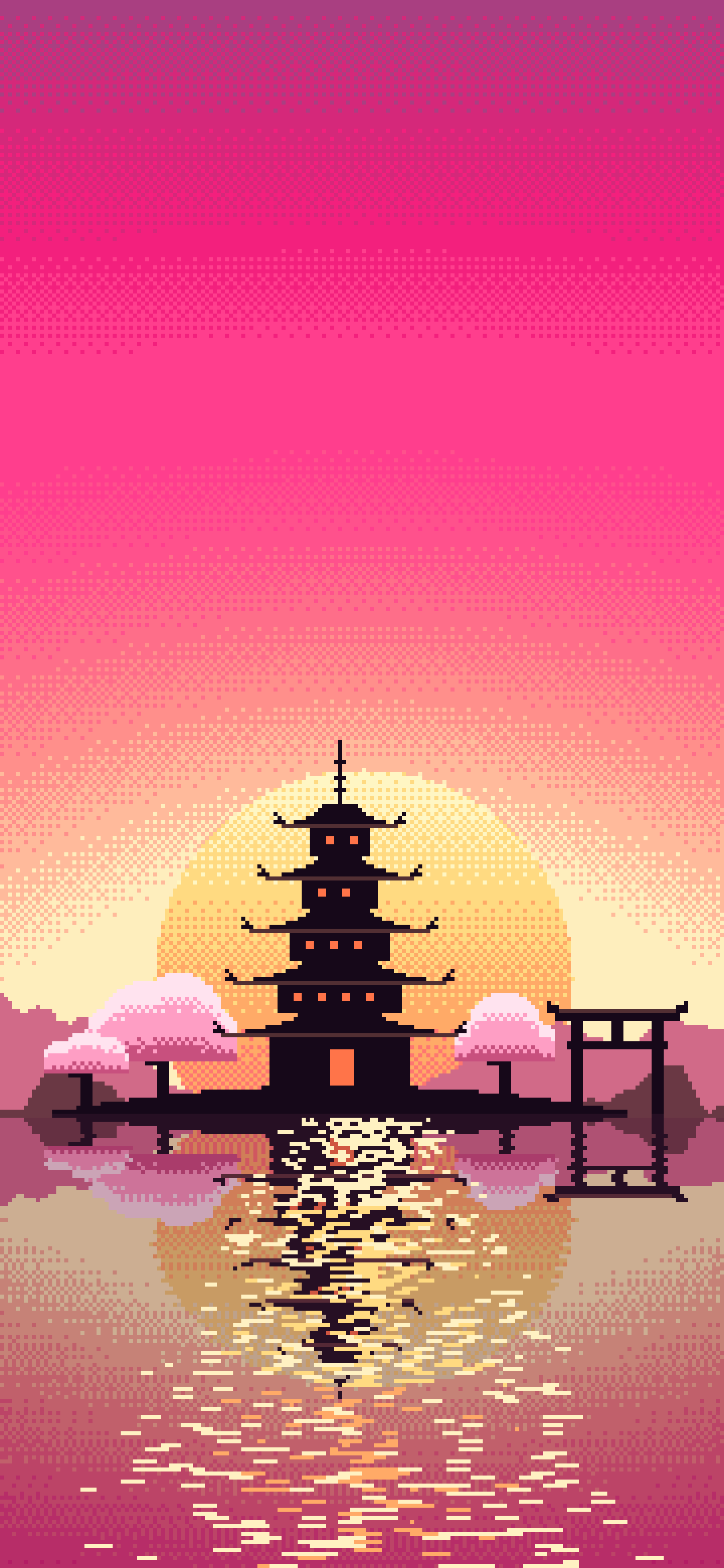 Hot Pink Pixel Art Japanese Temple wallpaper for iPhone and Android