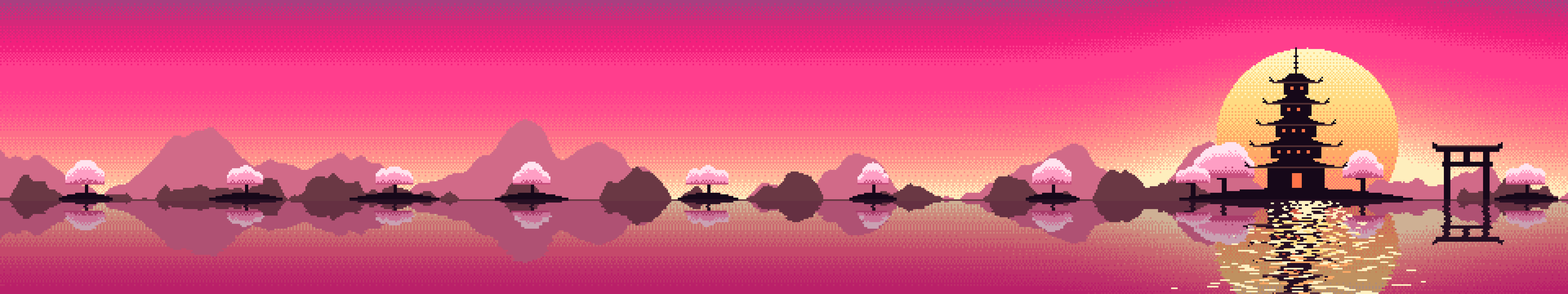 Hot Pink Pixel Art Japanese Temple triple monitor wallpaper, 7680 × 1440