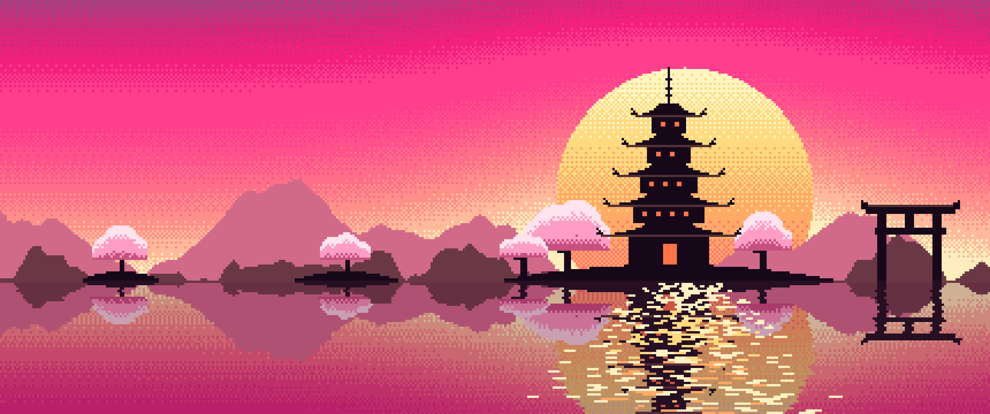 Hot Pink Pixel Art Japanese Temple ultrawide wallpaper, 3440 × 1440