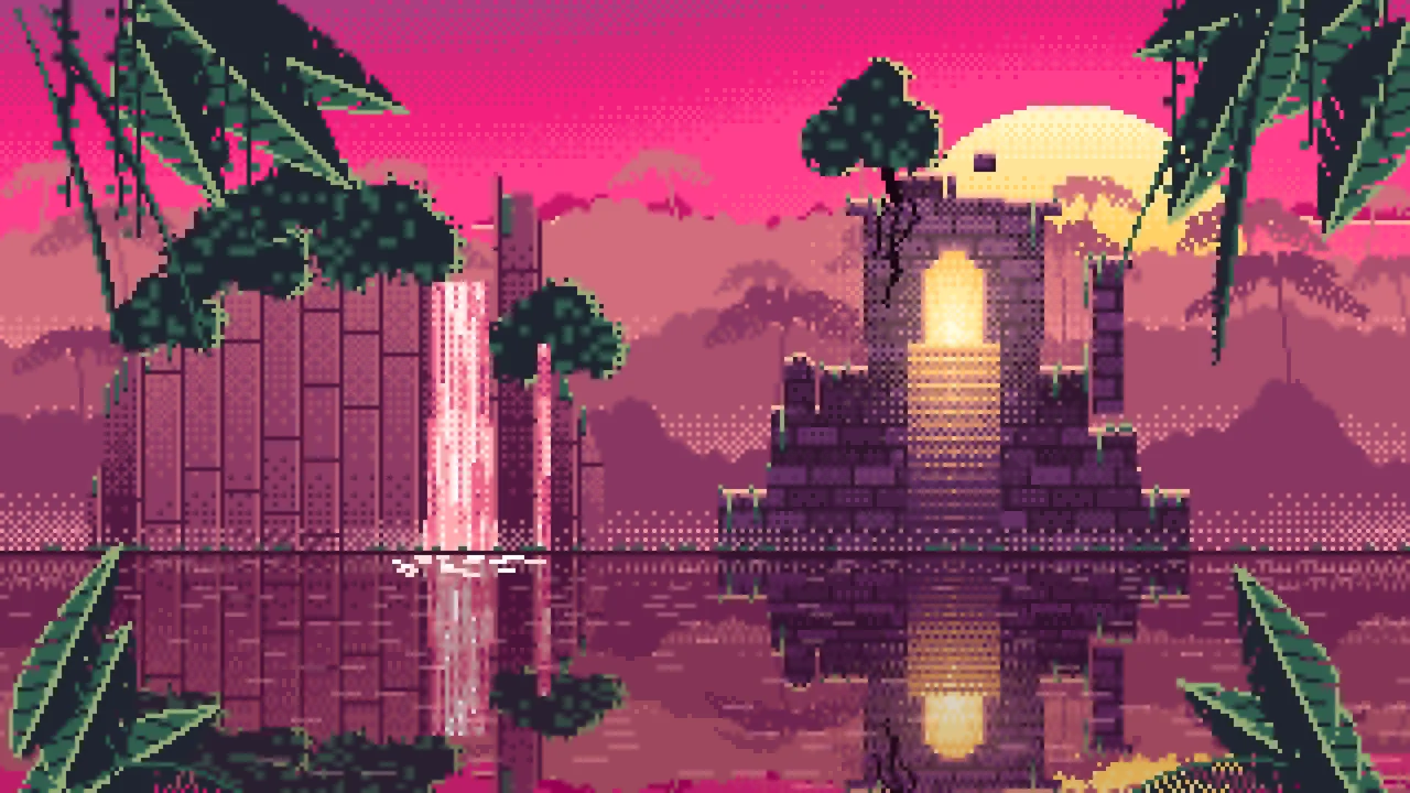 Hot Pink Pixel Art Jungle Temple Ruins desktop wallpaper in 4K