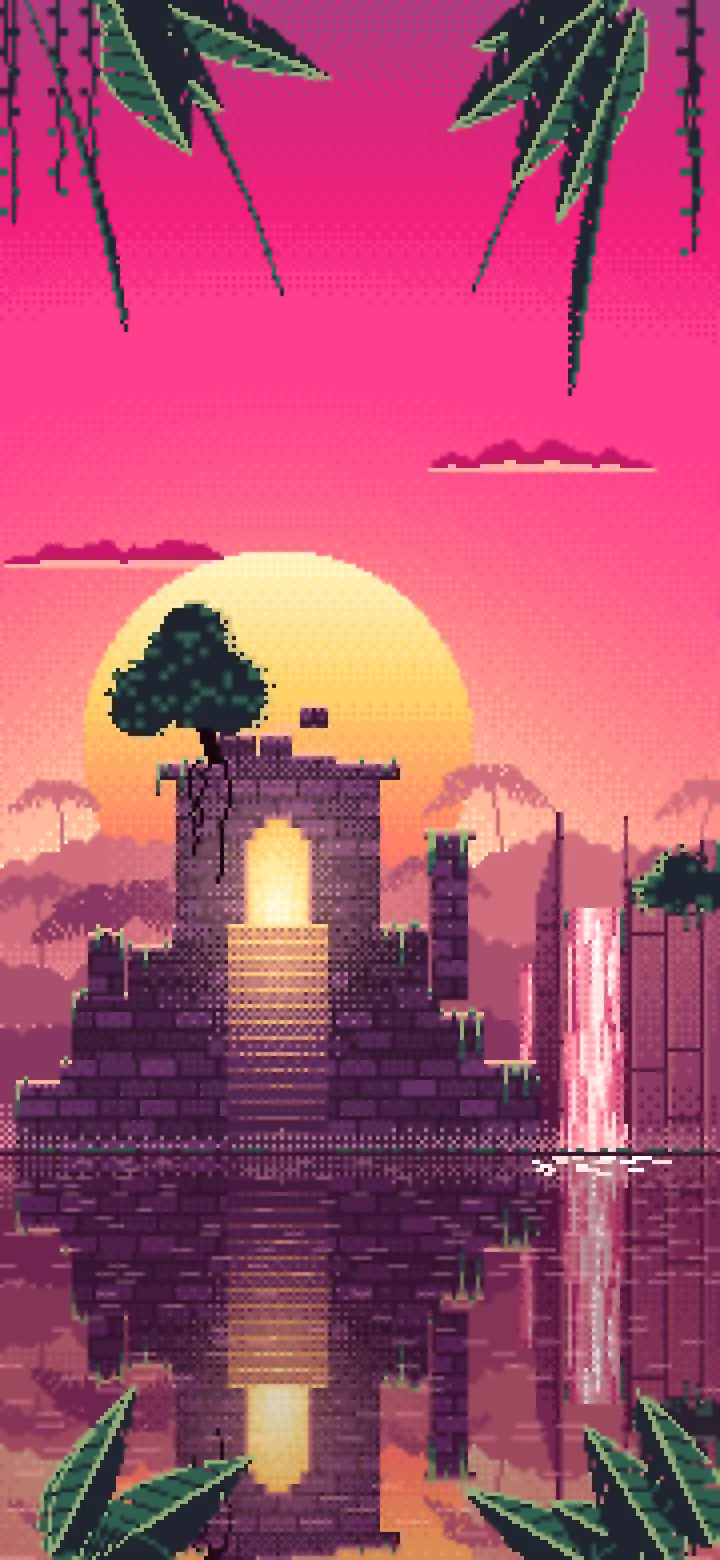 Hot Pink Pixel Art Jungle Temple Ruins wallpaper for iPhone and Android