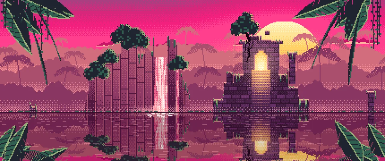 Hot Pink Pixel Art Jungle Temple Ruins ultrawide wallpaper, 3440 × 1440