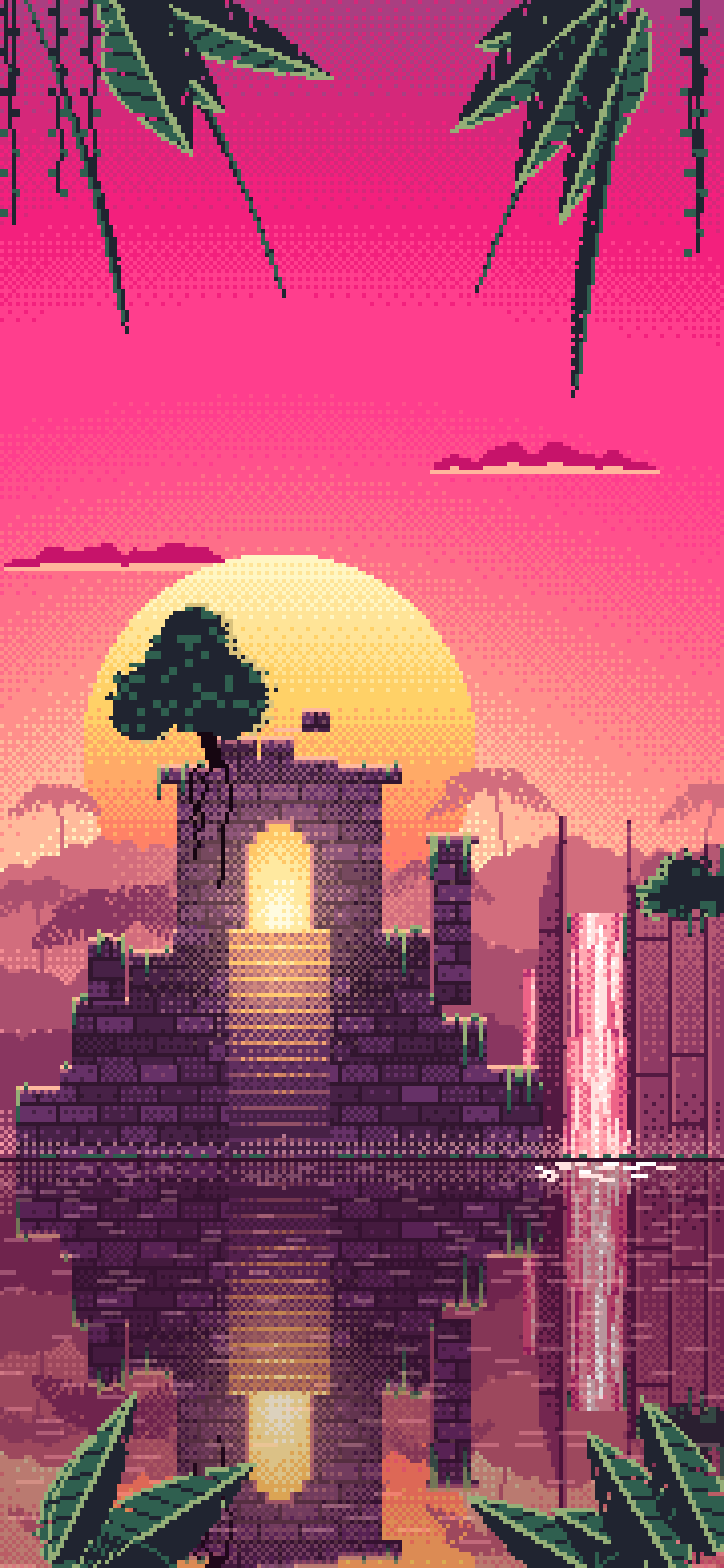 Hot Pink Pixel Art Jungle Temple Ruins wallpaper for iPhone and Android