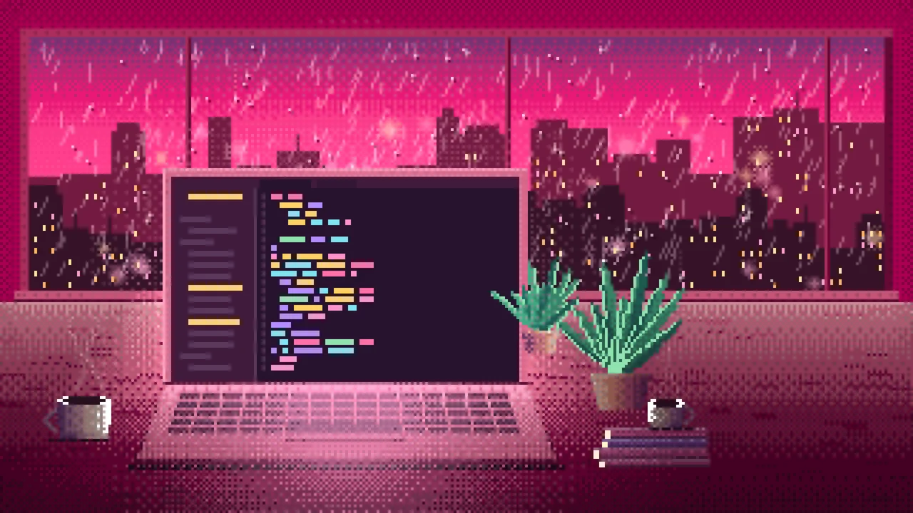 Hot Pink Pixel Art Laptop by a Rainy Window desktop wallpaper in 4K