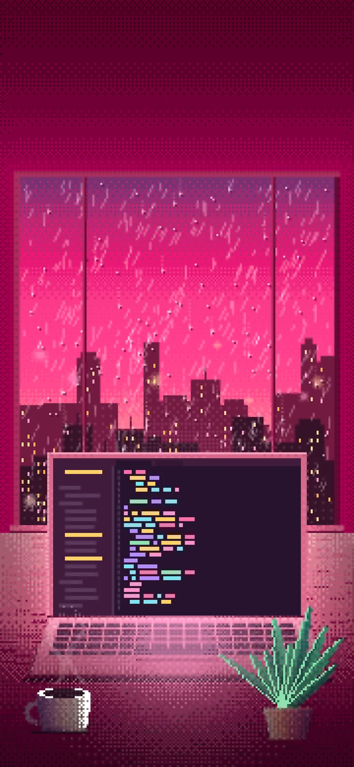 Hot Pink Pixel Art Laptop by a Rainy Window wallpaper for iPhone and Android