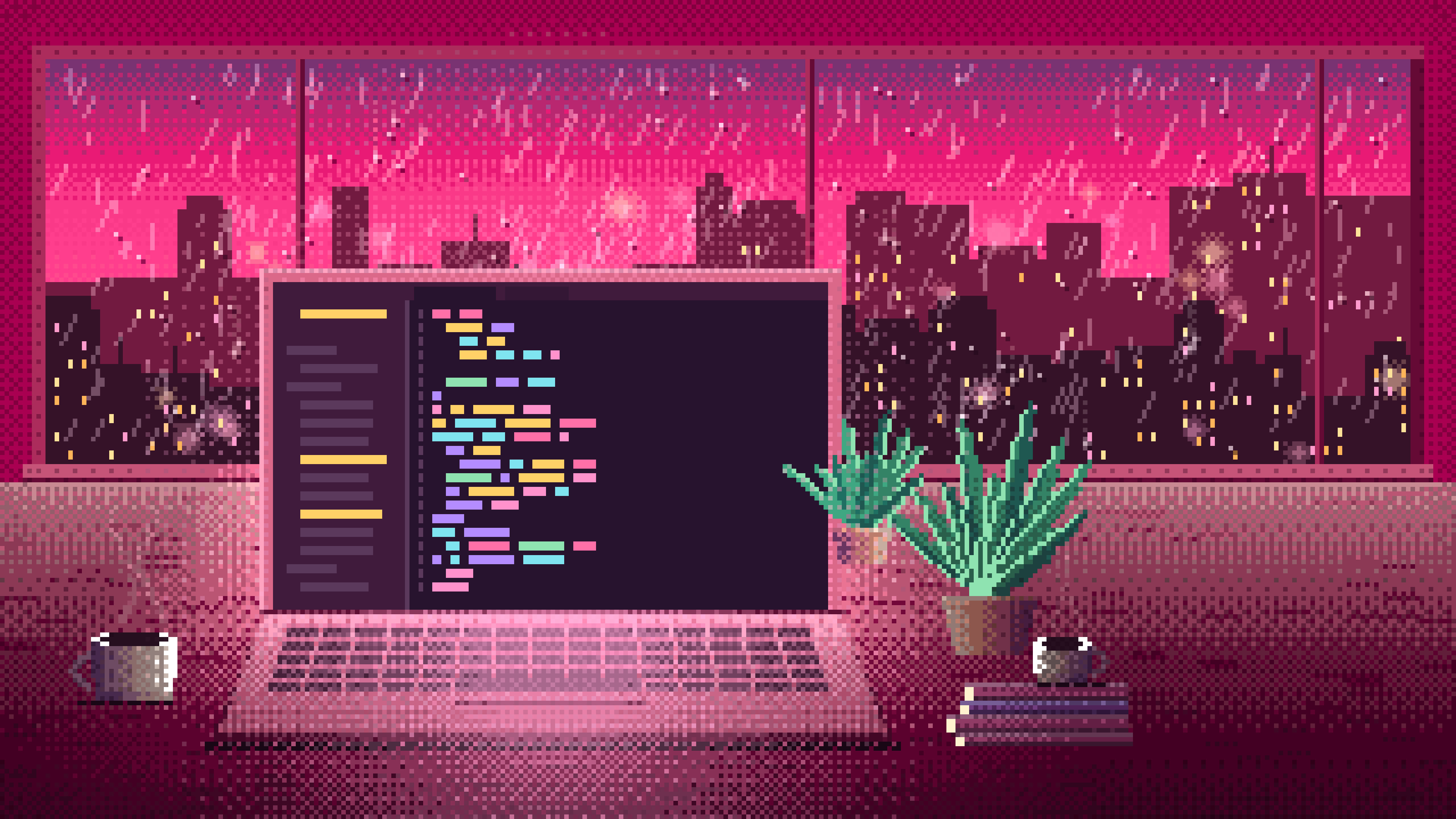 Hot Pink Pixel Art Laptop by a Rainy Window desktop wallpaper in 4K