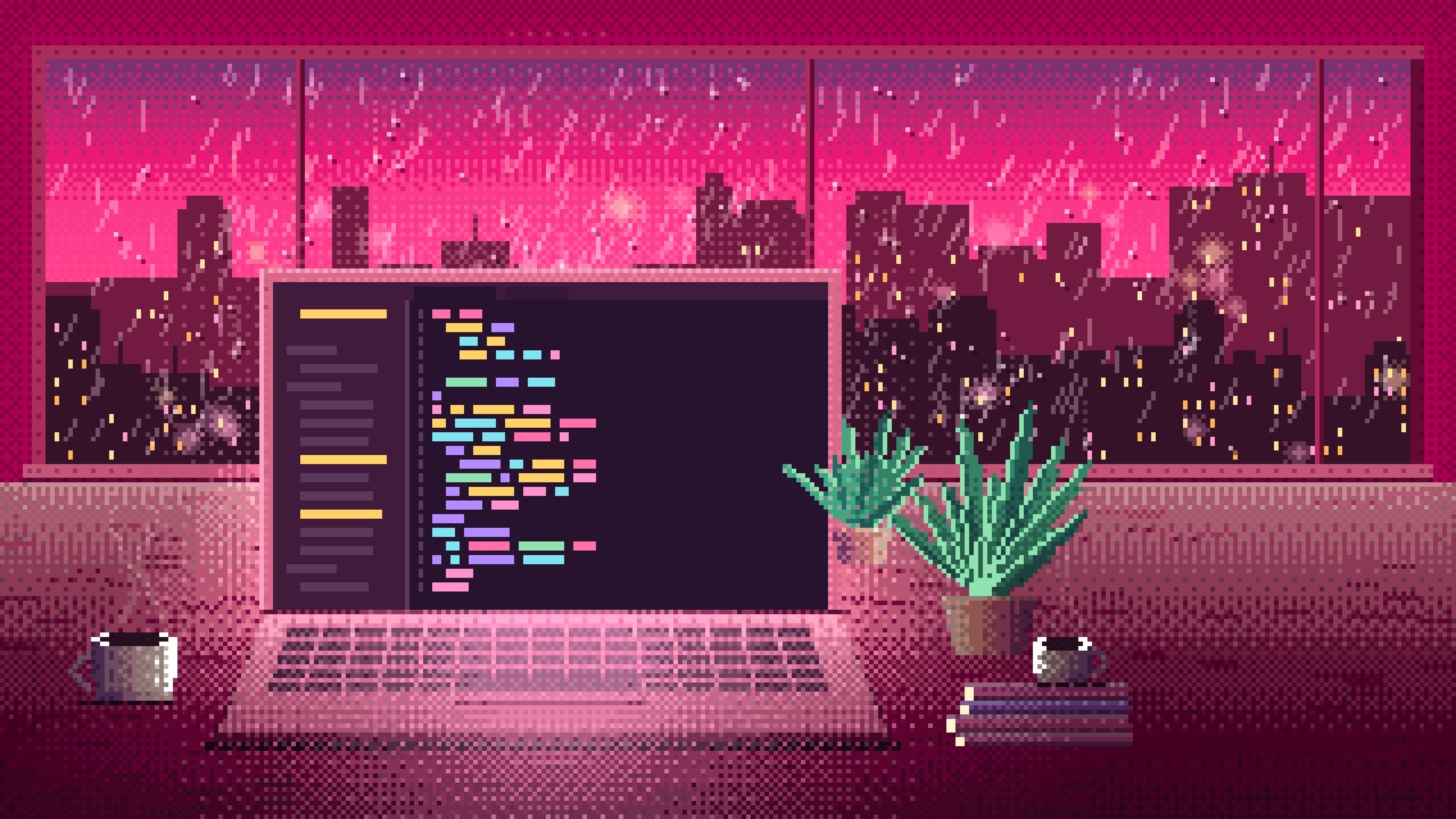 Hot Pink Pixel Art Laptop by a Rainy Window Wallpaper – 4K