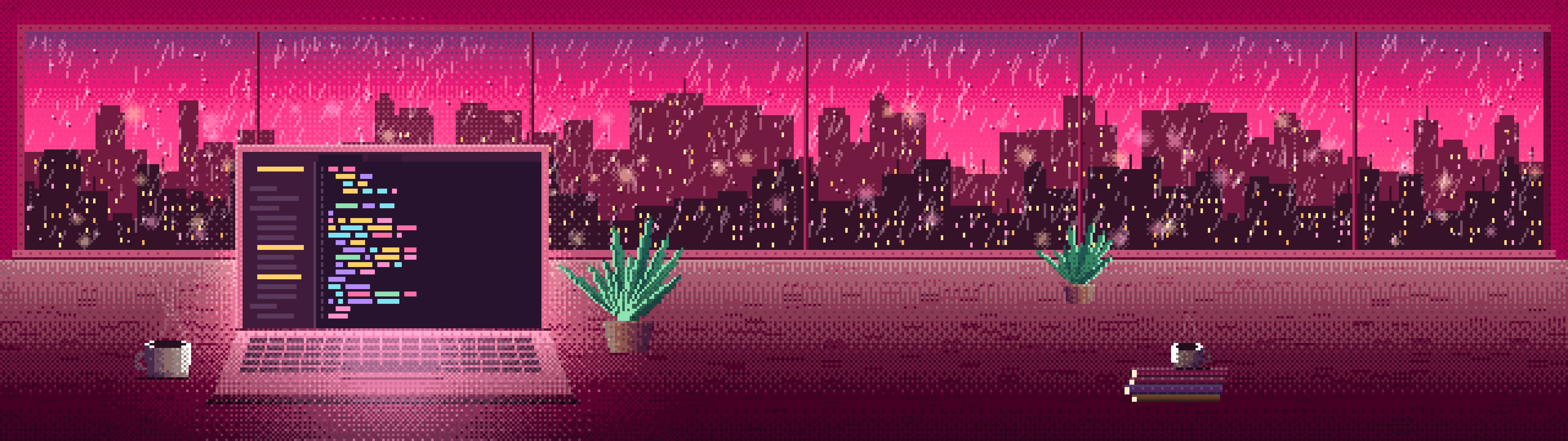 Hot Pink Pixel Art Laptop by a Rainy Window dual monitor wallpaper, 7680 × 2160