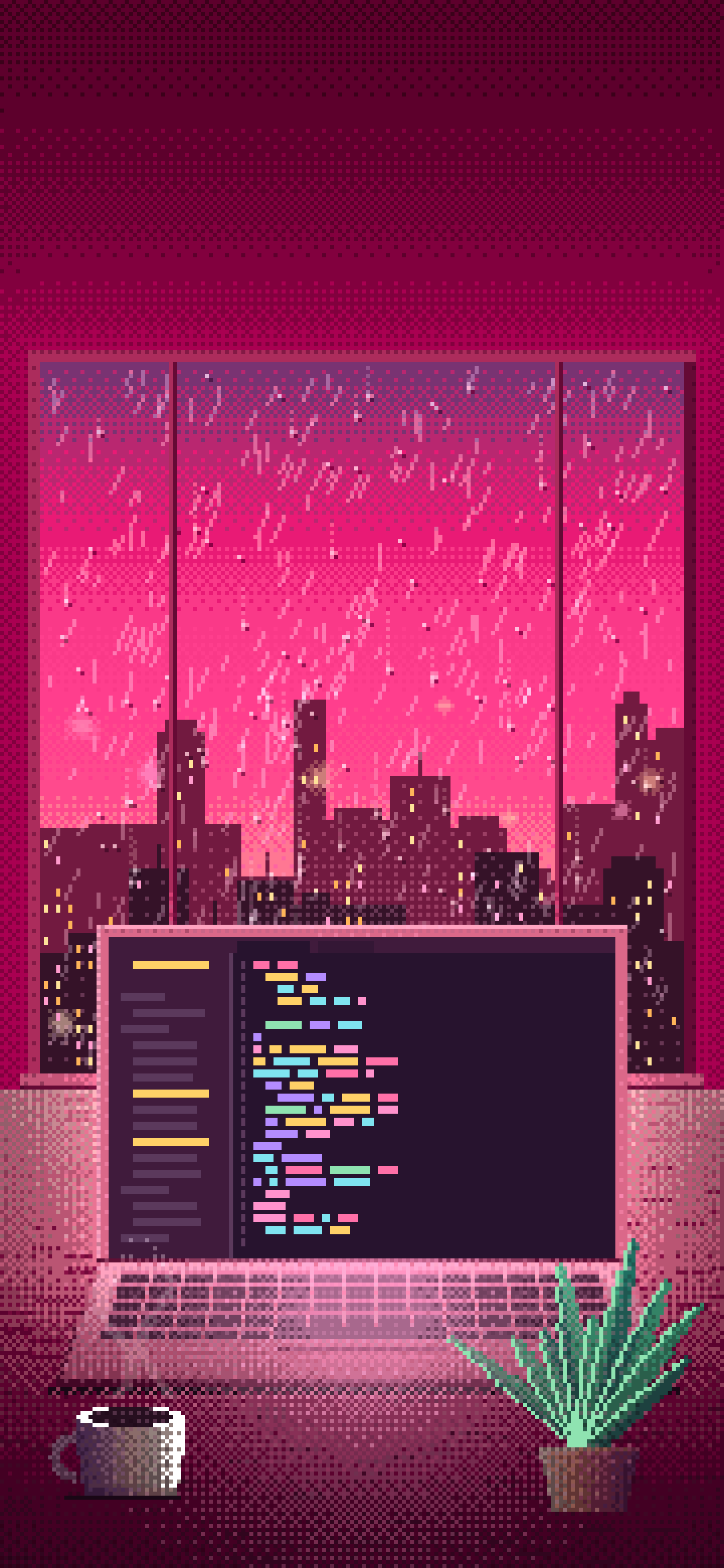 Hot Pink Pixel Art Laptop by a Rainy Window wallpaper for iPhone and Android