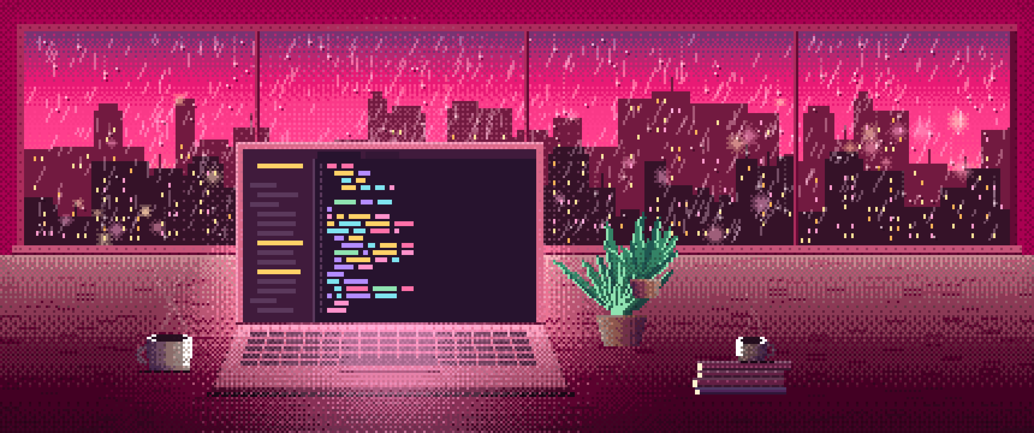 Hot Pink Pixel Art Laptop by a Rainy Window ultrawide wallpaper, 3440 × 1440