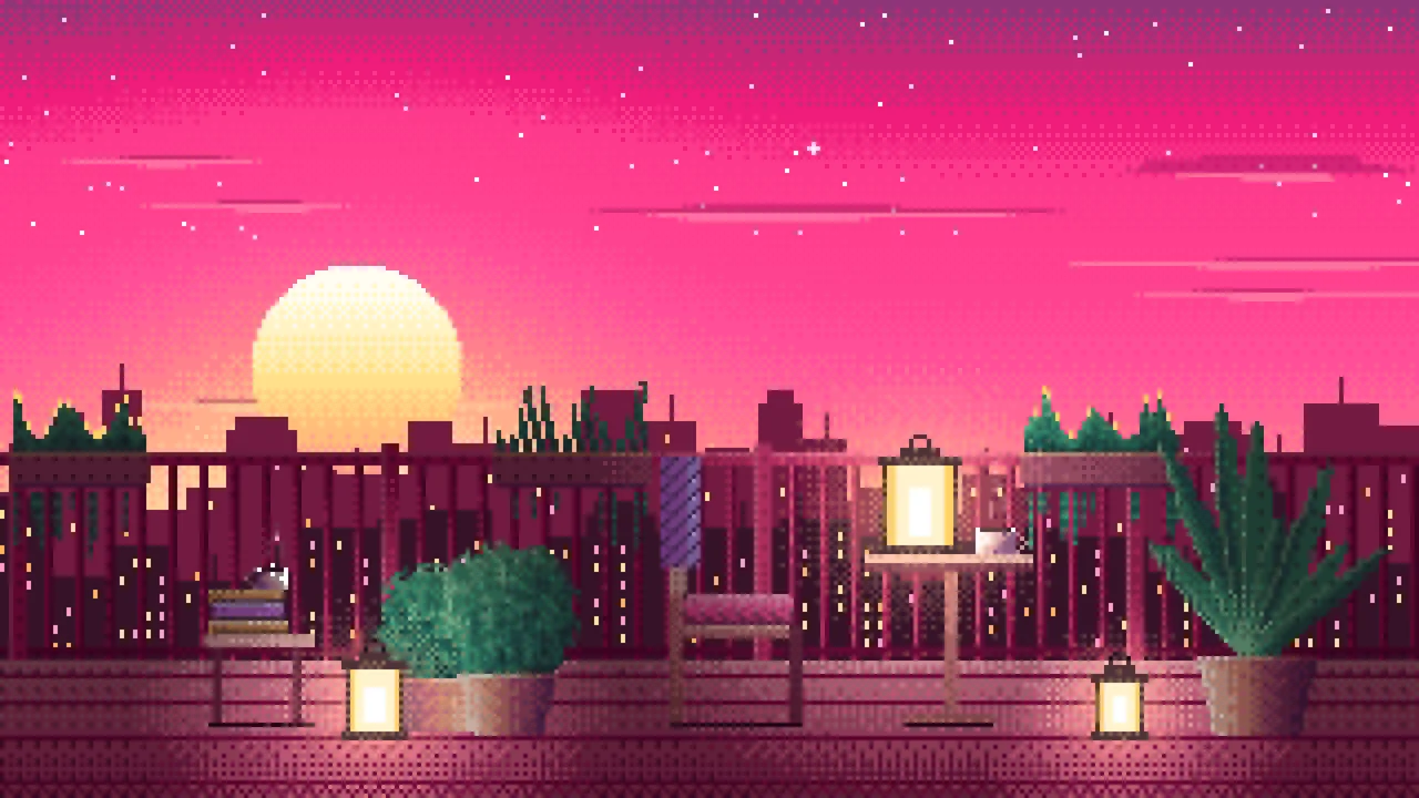 Hot Pink Pixel Art Lofi Balcony at Dusk desktop wallpaper in 4K