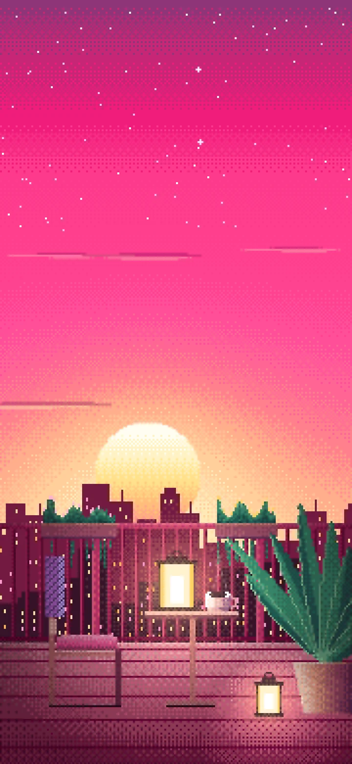 Hot Pink Pixel Art Lofi Balcony at Dusk wallpaper for iPhone and Android