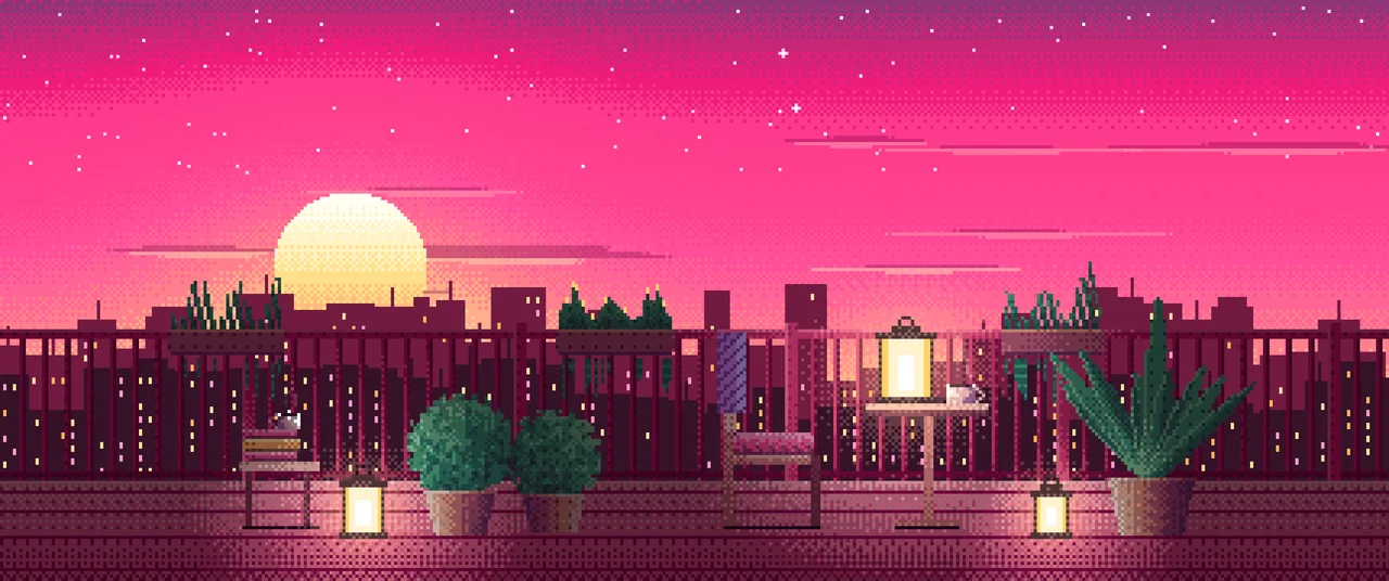 Hot Pink Pixel Art Lofi Balcony at Dusk ultrawide wallpaper, 3440 × 1440