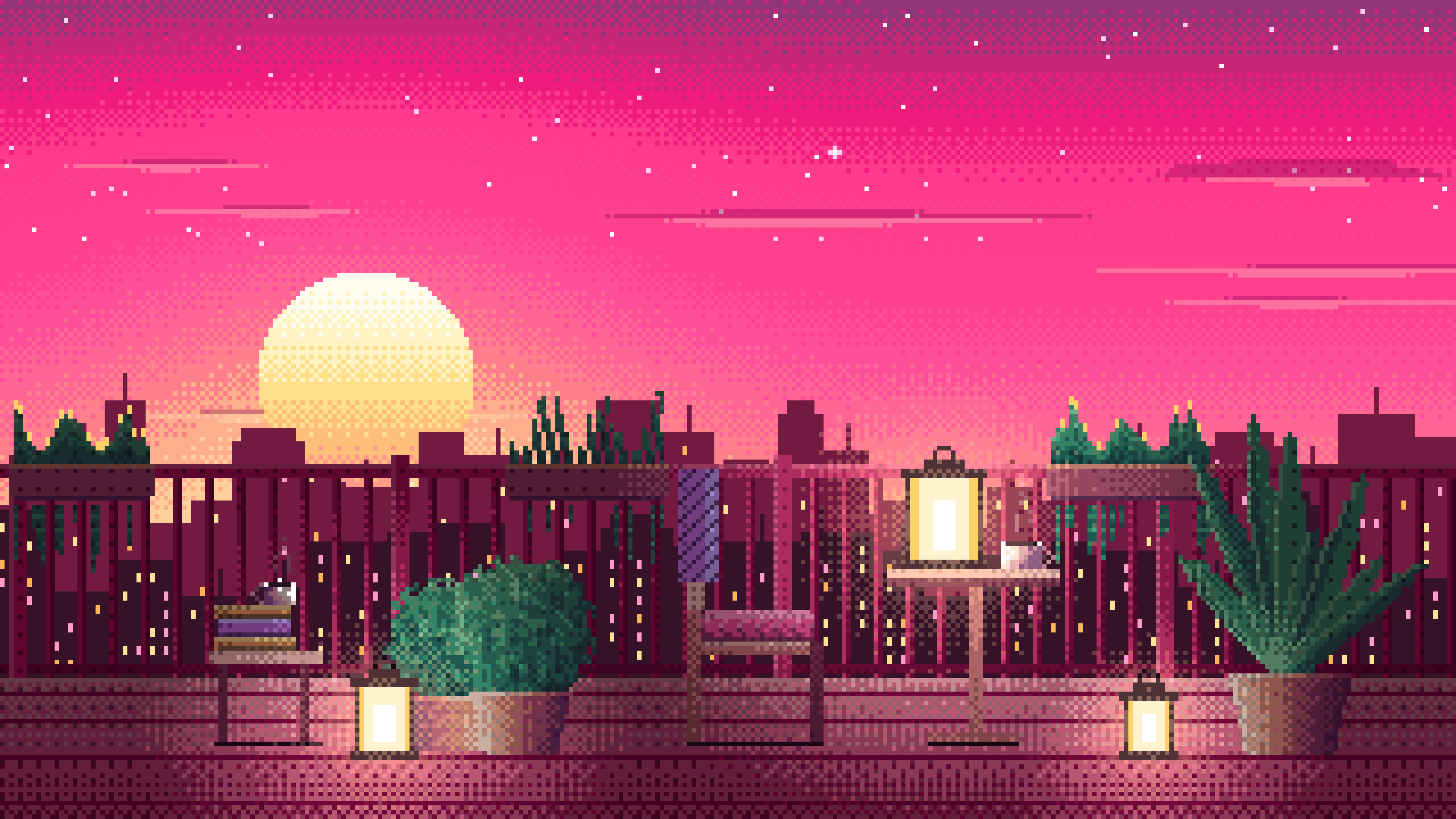Hot Pink Pixel Art Lofi Balcony at Dusk desktop wallpaper in 4K