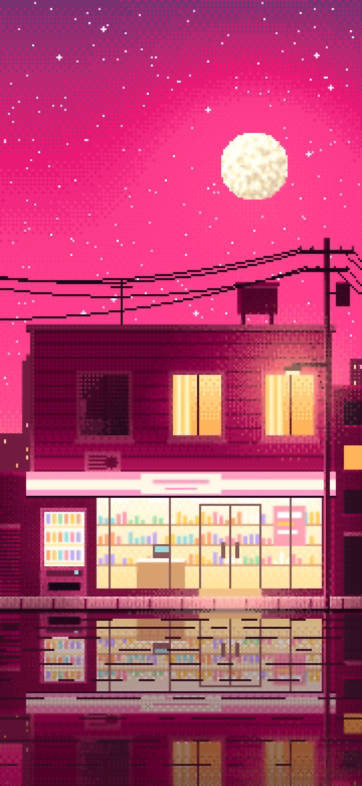 Hot Pink Pixel Art Lofi Convenience Store at Night wallpaper for iPhone and Android