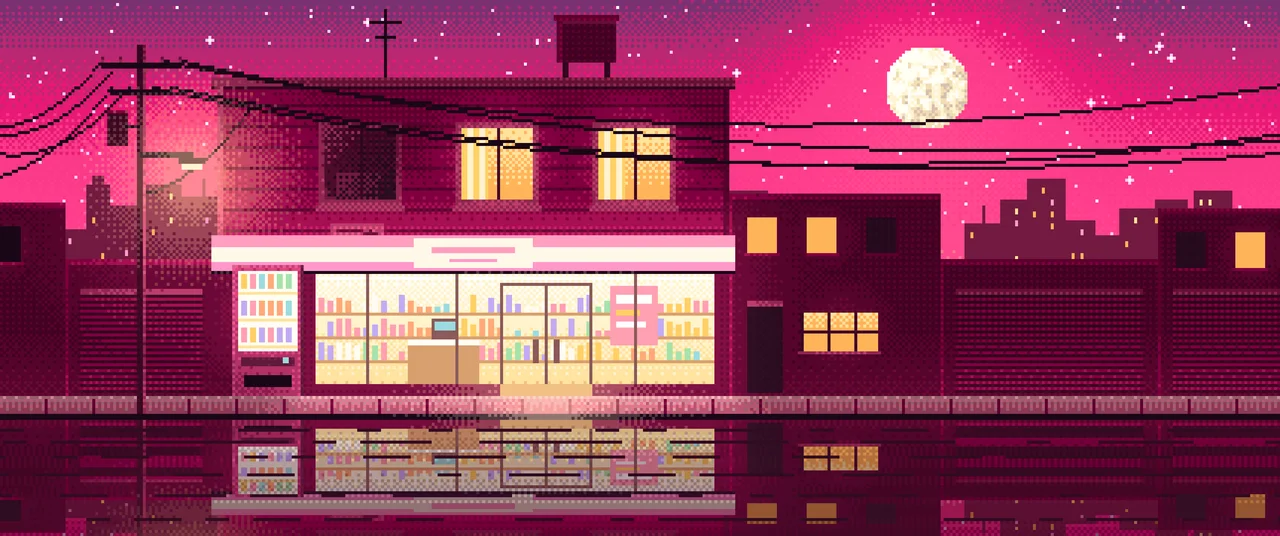 Hot Pink Pixel Art Lofi Convenience Store at Night ultrawide wallpaper, 3440 × 1440