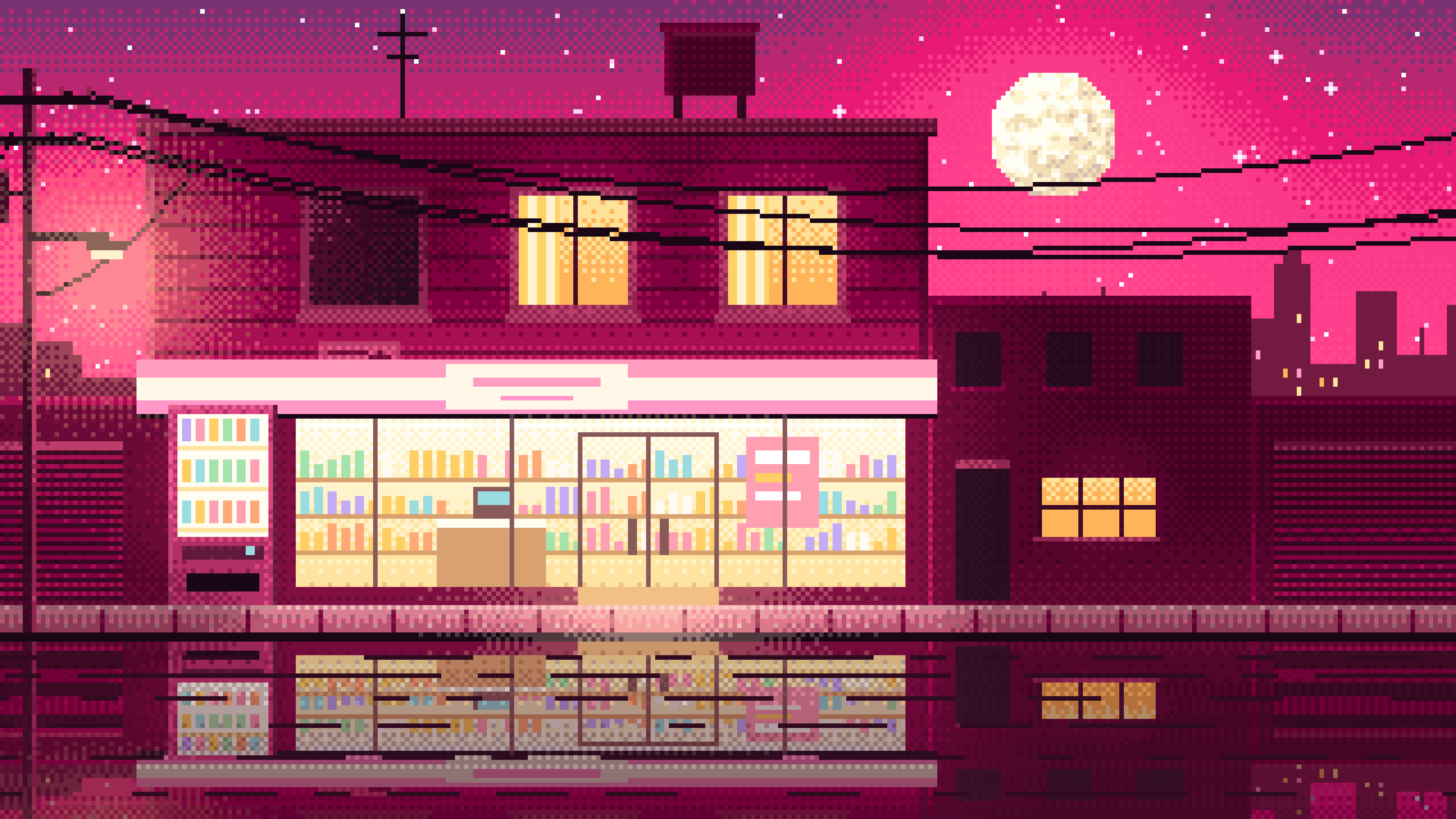 Hot Pink Pixel Art Lofi Convenience Store at Night desktop wallpaper in 4K