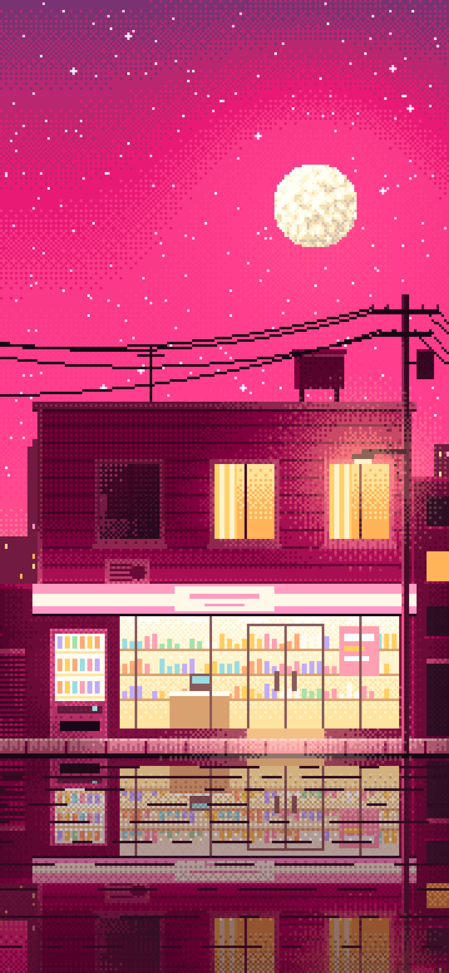 Hot Pink Pixel Art Lofi Convenience Store at Night wallpaper for iPhone and Android