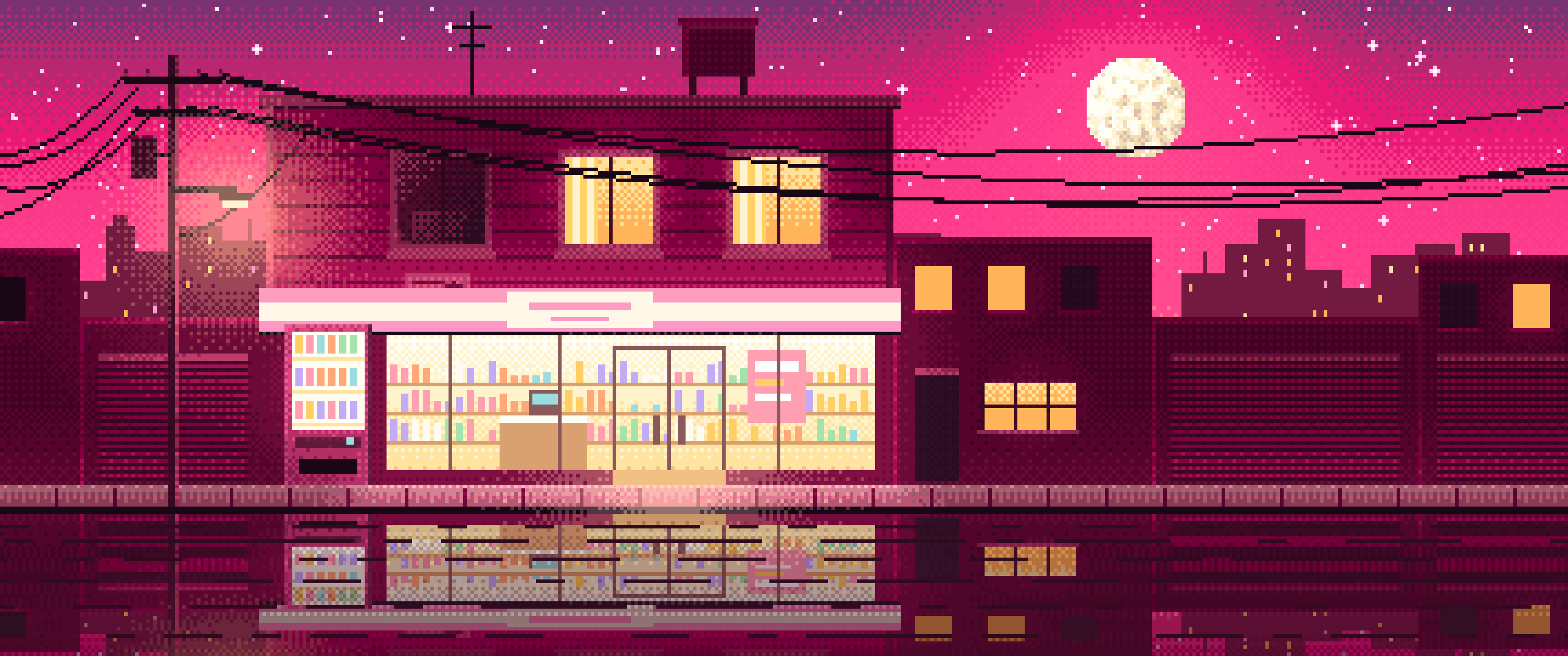 Hot Pink Pixel Art Lofi Convenience Store at Night ultrawide wallpaper, 3440 × 1440