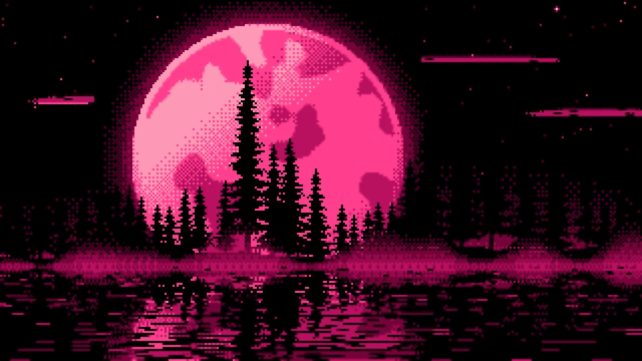 Hot Pink Pixel Art Pine Trees and Full Moon desktop wallpaper in 4K
