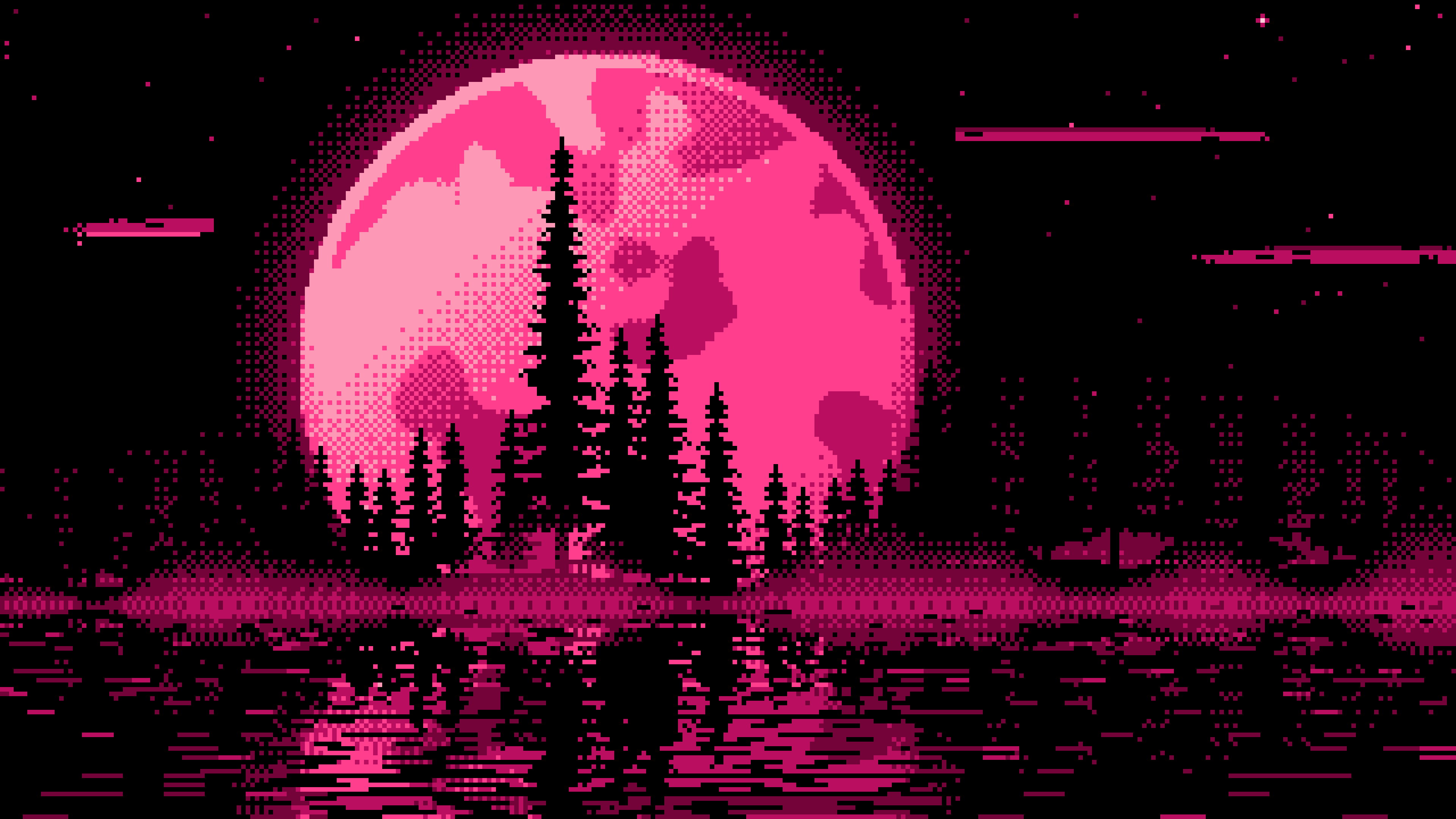 Hot Pink Pixel Art Pine Trees and Full Moon desktop wallpaper in 4K