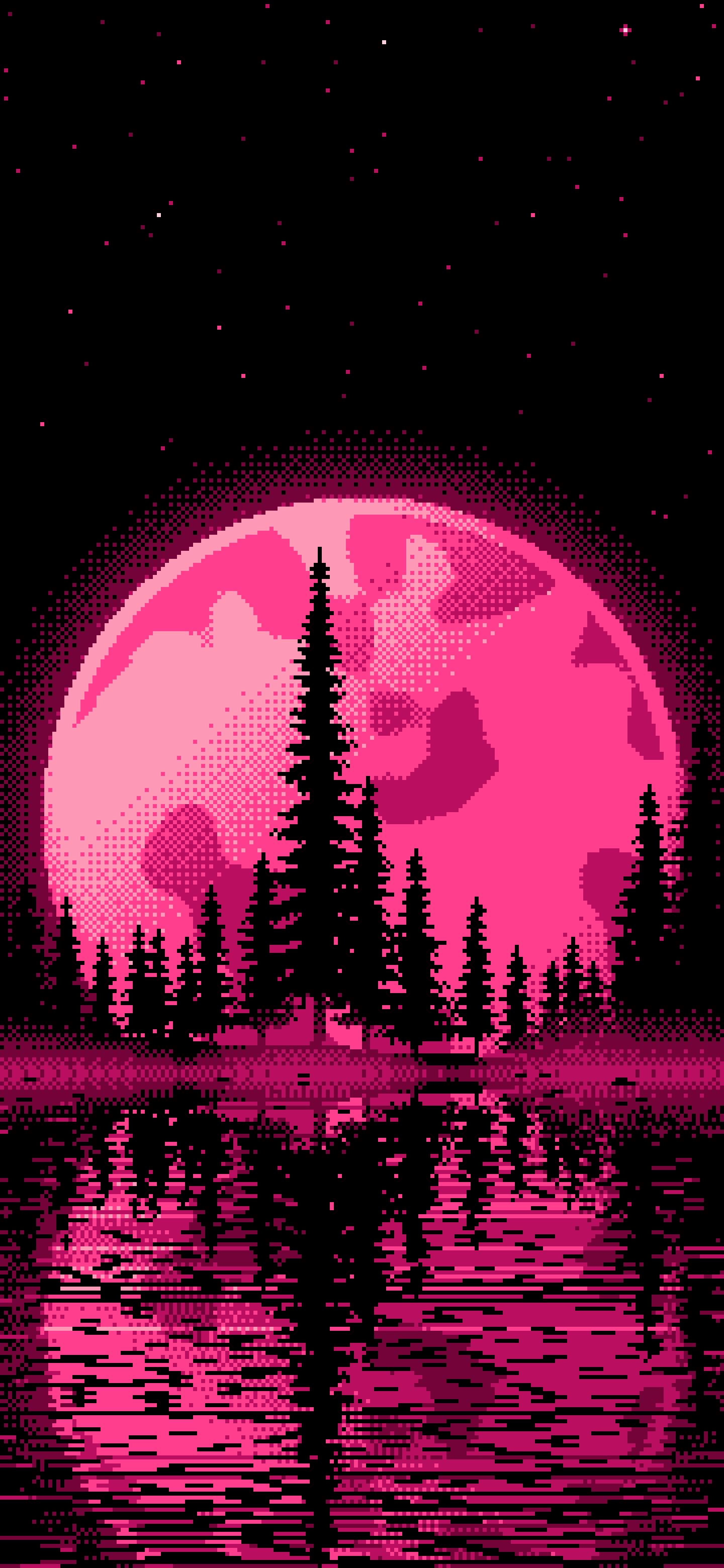 Hot Pink Pixel Art Pine Trees and Full Moon wallpaper for iPhone and Android