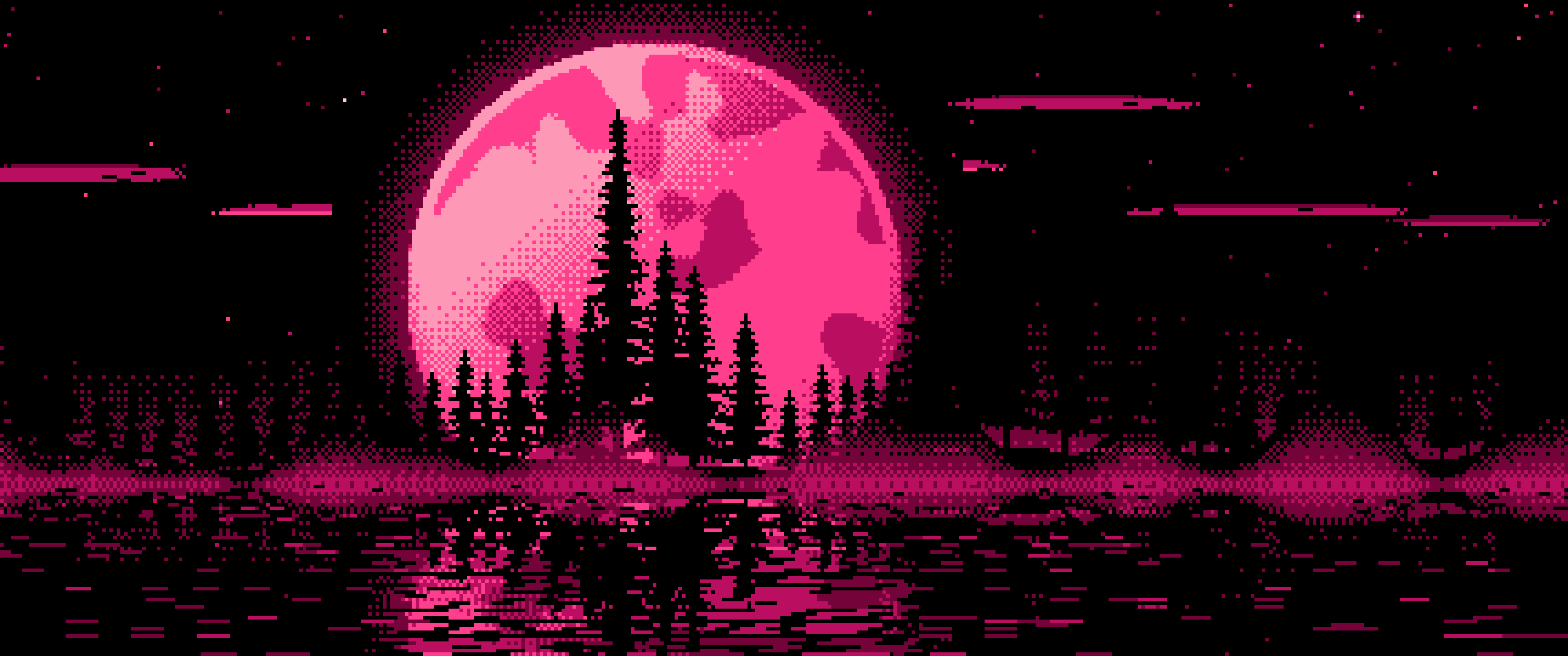 Hot Pink Pixel Art Pine Trees and Full Moon ultrawide wallpaper, 3440 × 1440